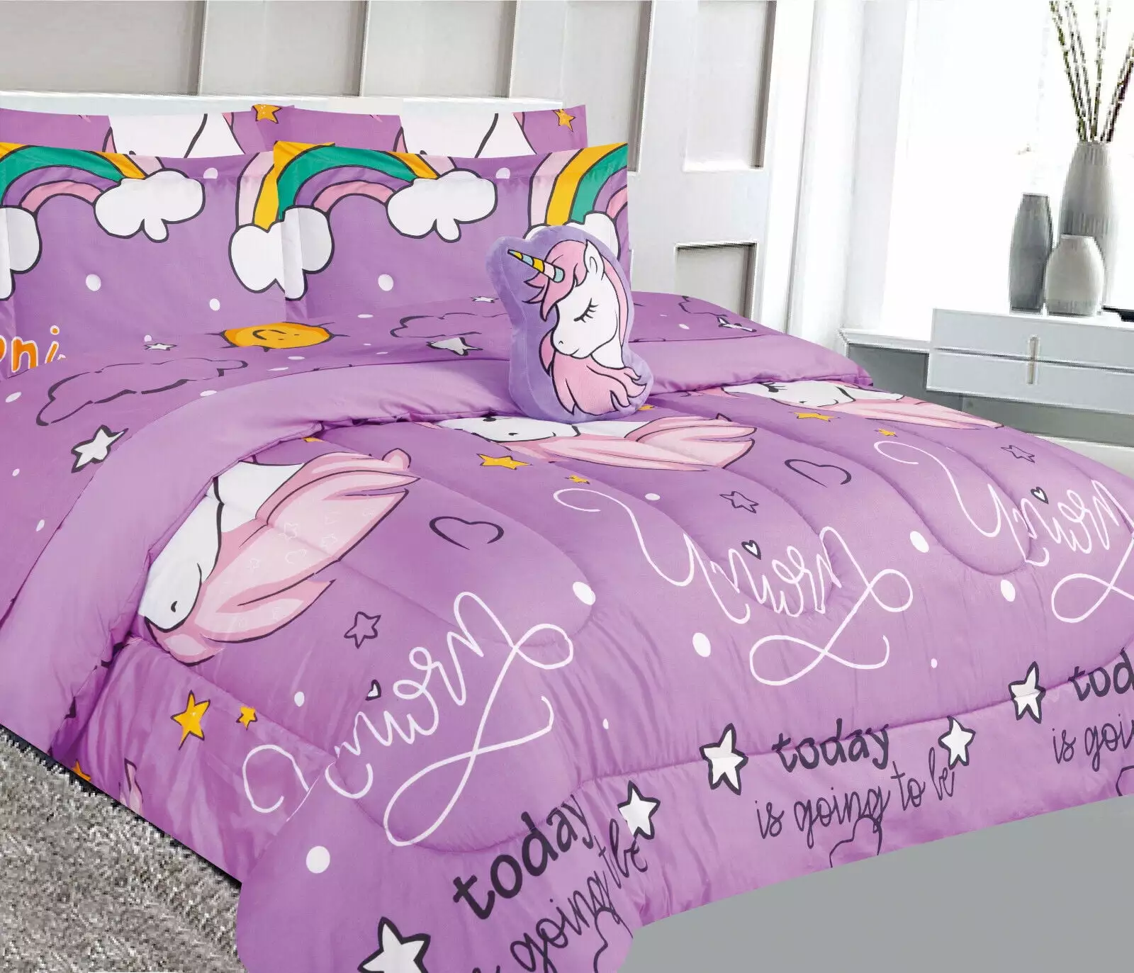 Unicorn Lilac Print Design Bed Bag Comforter & Sheet Set 6 Piece Twin Size Super Soft Fade Resistant Girls Boys Room Decor...