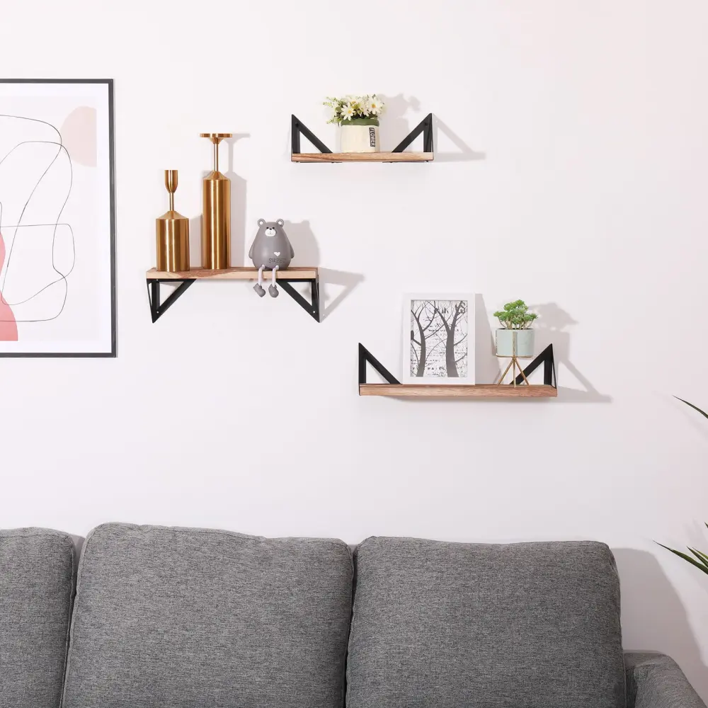Floating Shelves, Generous Wall Shelves (Set 3), Wall Mounted Shelves Brackets Bedroom - Natural Wood 6 Drawers