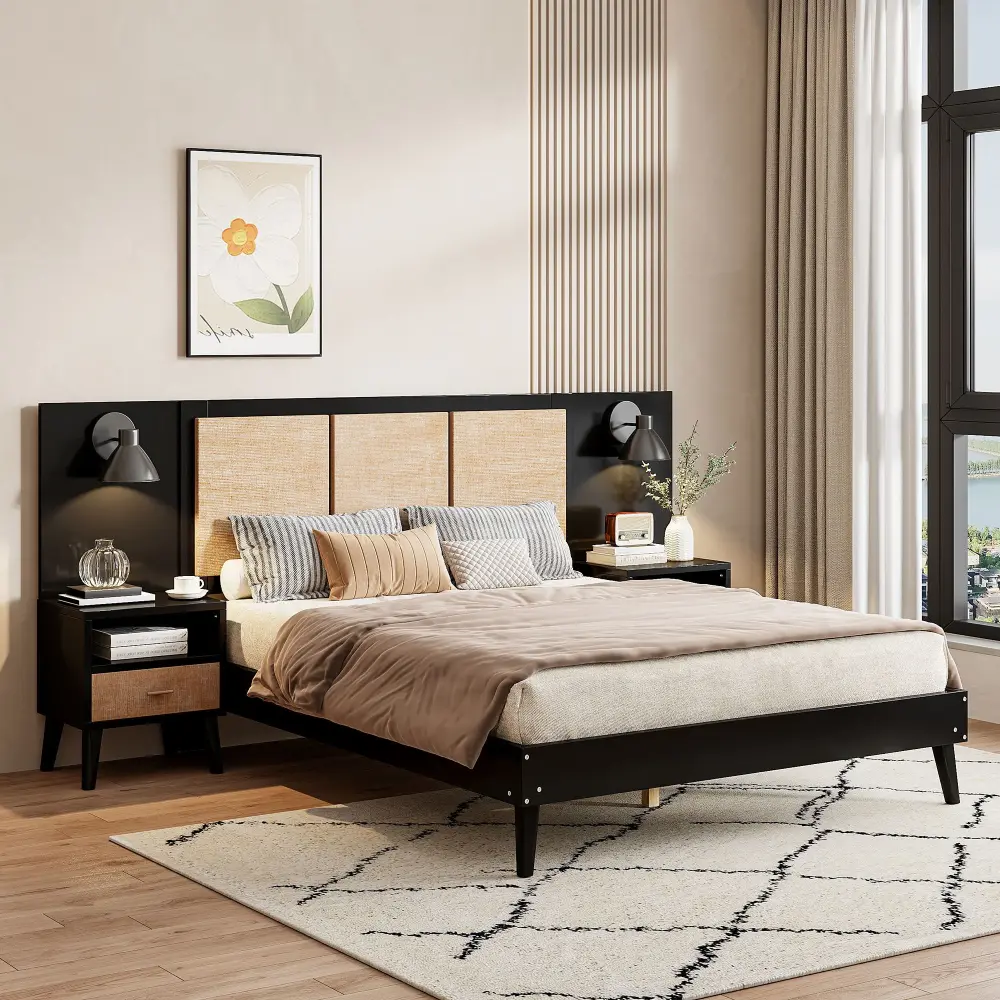 Canopy Bed Bed Frame 2 Nightstands Chic Design Lamps