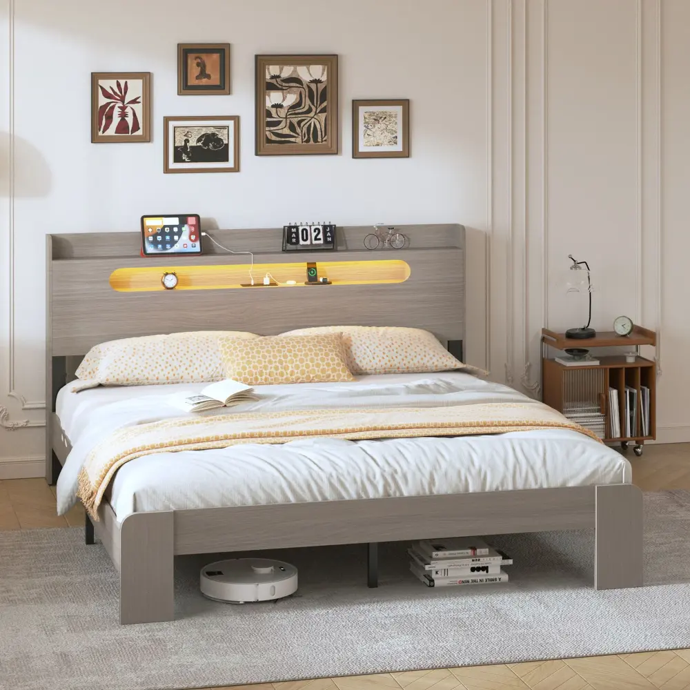 King Size Platform Bed Frame Storage LED Light Headboard And Usb, Noise Free - Shadowy Gray | Quick Assembly | Tool Included
