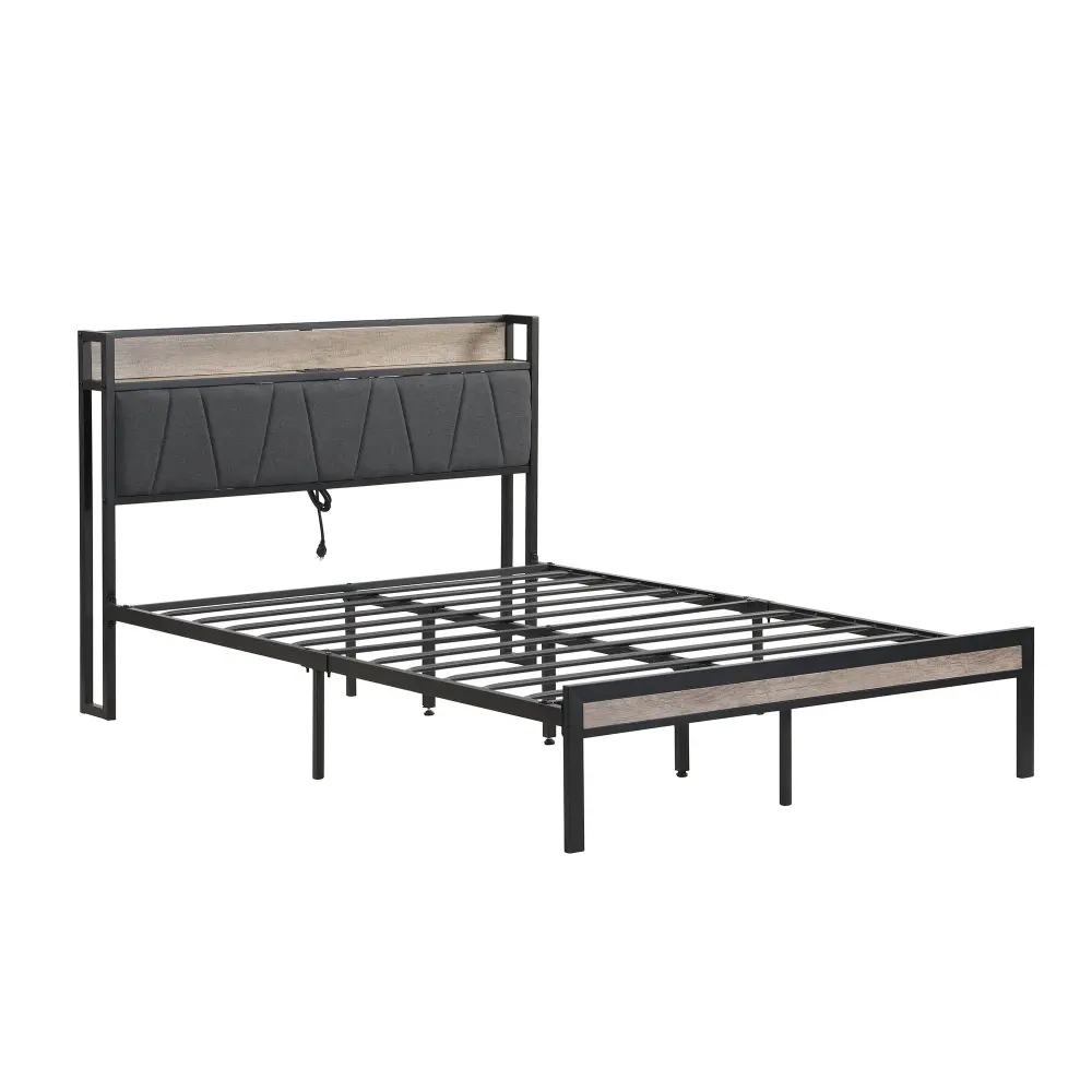Modern Bed Frame LED Lights, Upholstered Headboard, USB Charging