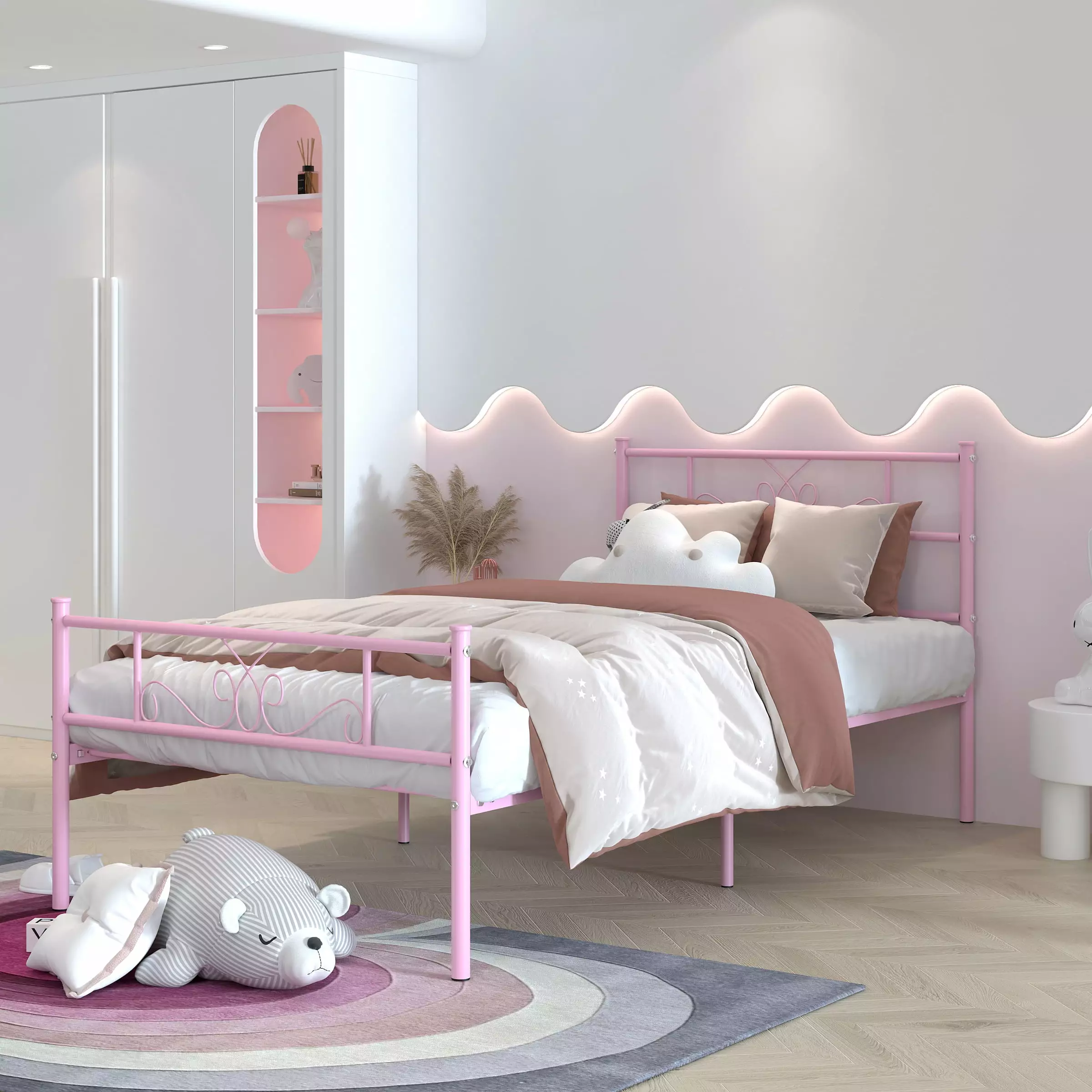 WeeHom Kids Twin Size Metal Bed Frame Girls Headboard Pink Mattress Foundation Platform