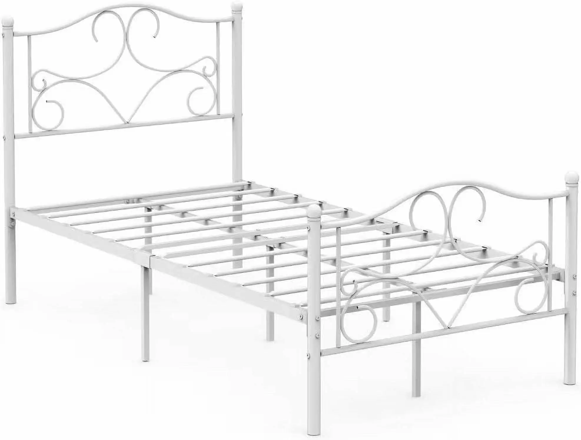 Curved Twin Bed Frame Platform Bed Frame Kids Metal Headboard Footboard Easy Assembly White CuisinSmart
