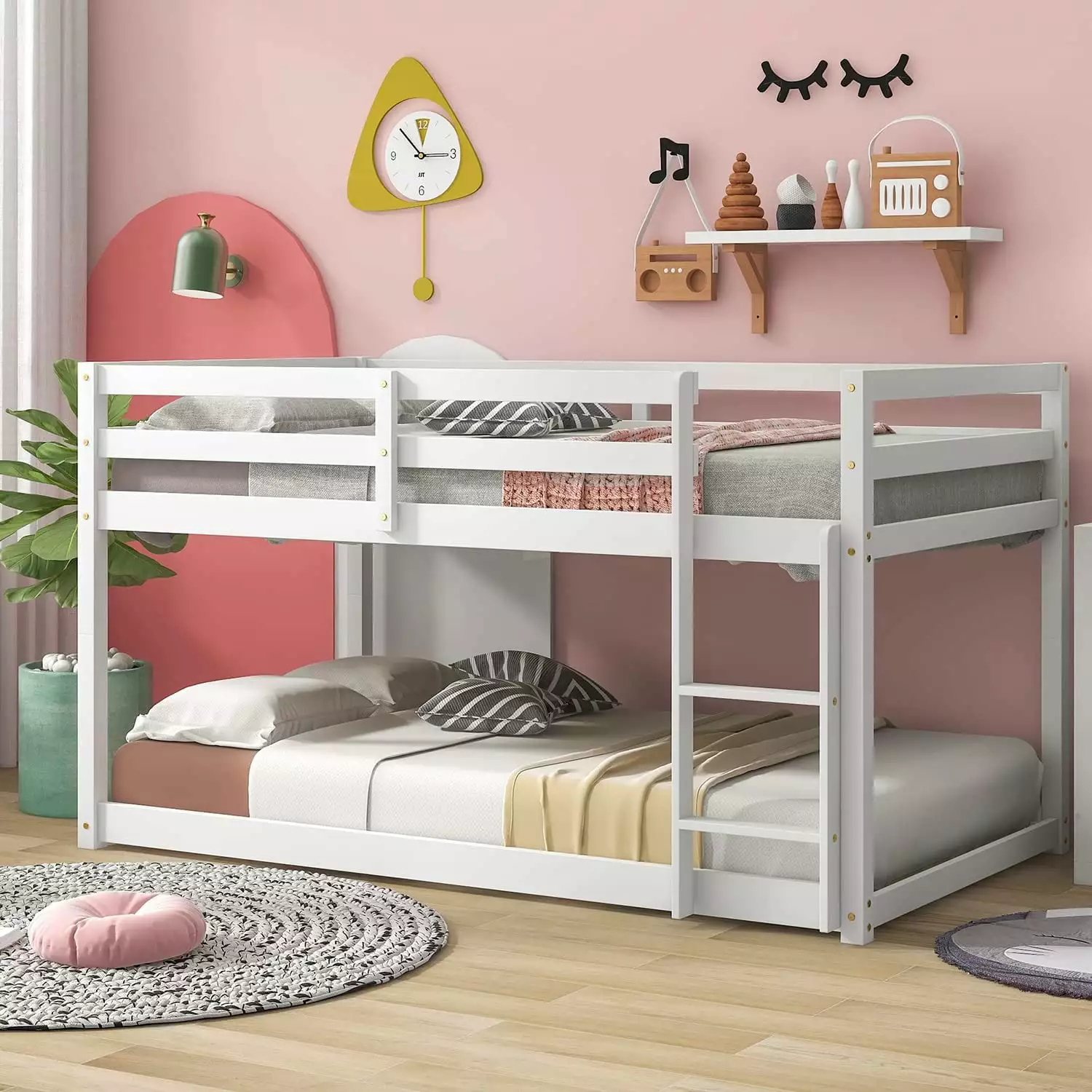 Twin Low Bunk Bed Twin Loft Bed Ladder Boys and Girls Wood Twin Over Twin Bunk Bed Frame Guardrail White FIHONZIZA