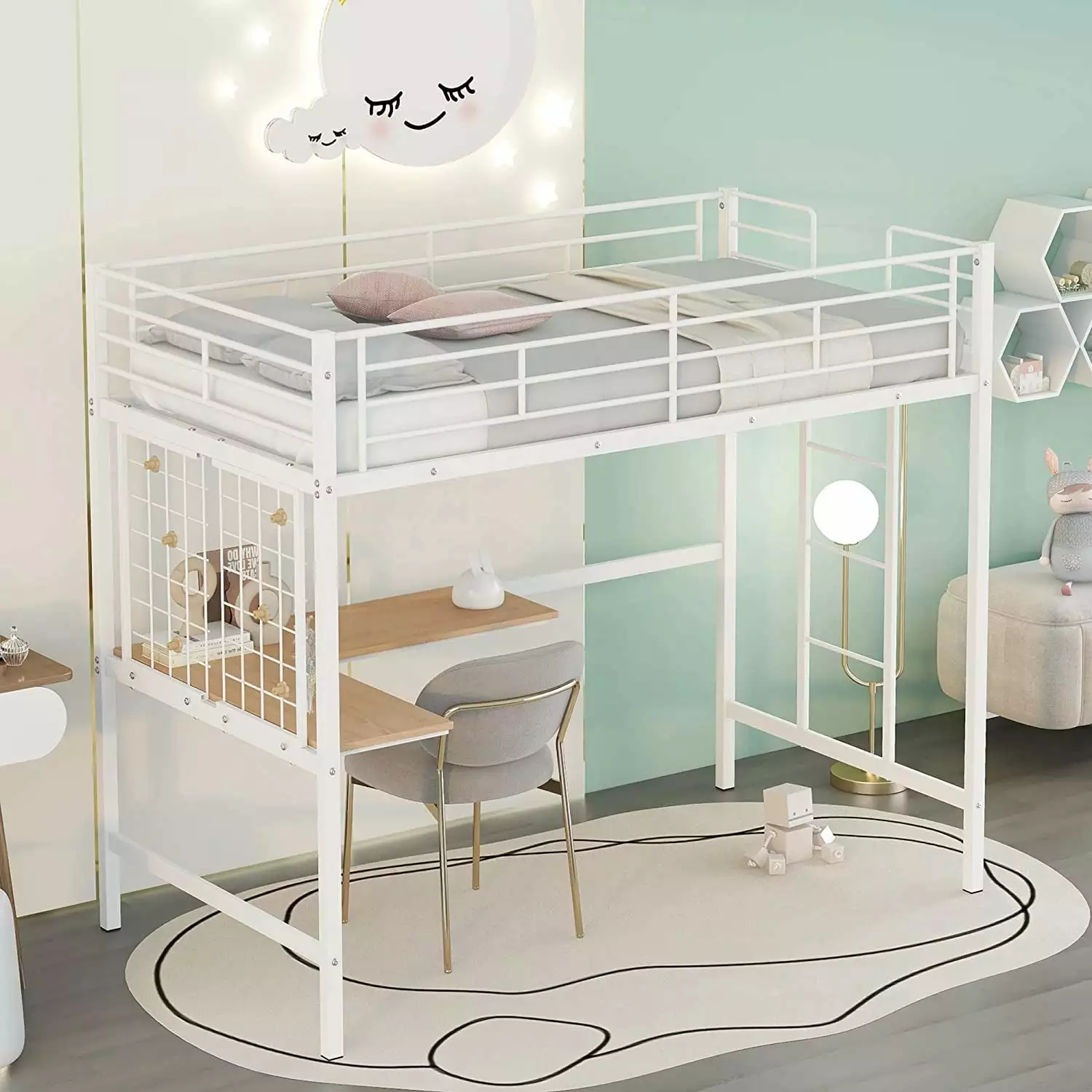 Twin Size Metal Loft Bed Desk and Metal Grid Space-Saving Noise Free Kids Teens Adults White FIHONZIZA