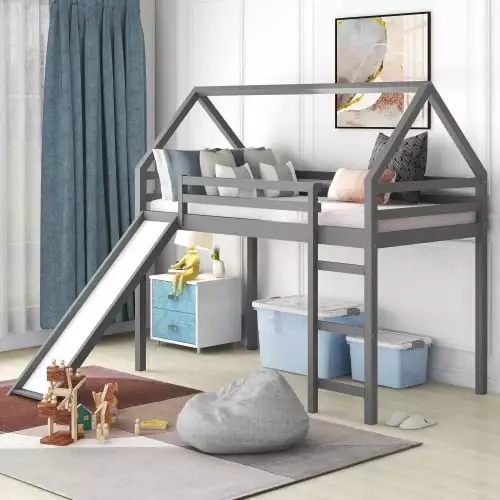 Loft Bed Slide Kids Twin Size Wood Houtilize Bed Low Profile No Box Spring Needed Triple Tree