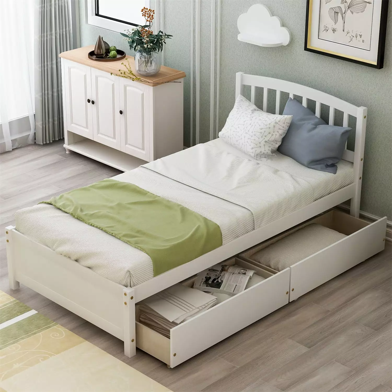 Twin Size Platform Bed Storage Twin Wood Bed Frame Two Drawers and Headboard White ARCTICSCORPION