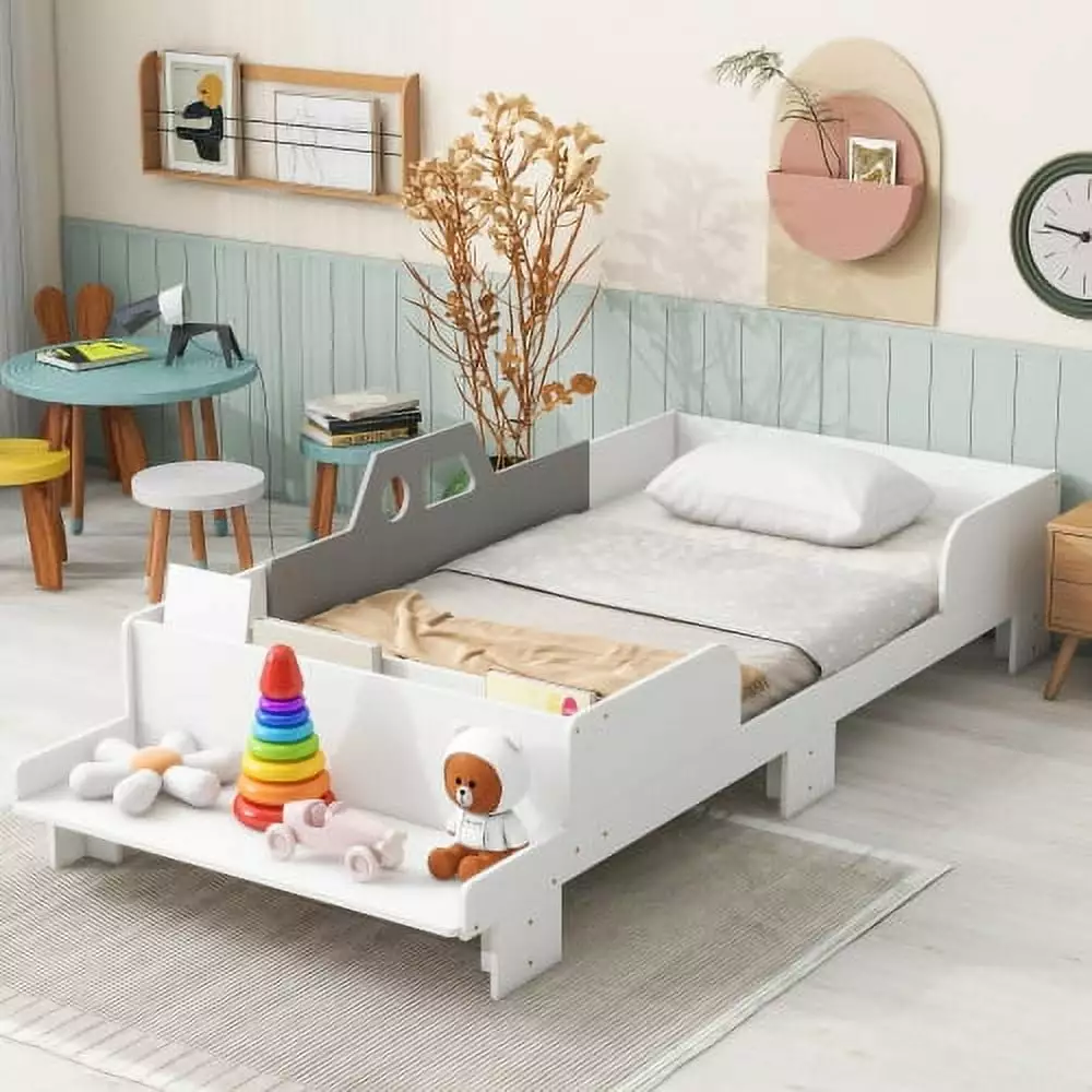 CITYLE Car-Shaped Twin Bed Bench Cartoon-Style Design White Kids Bed Frame