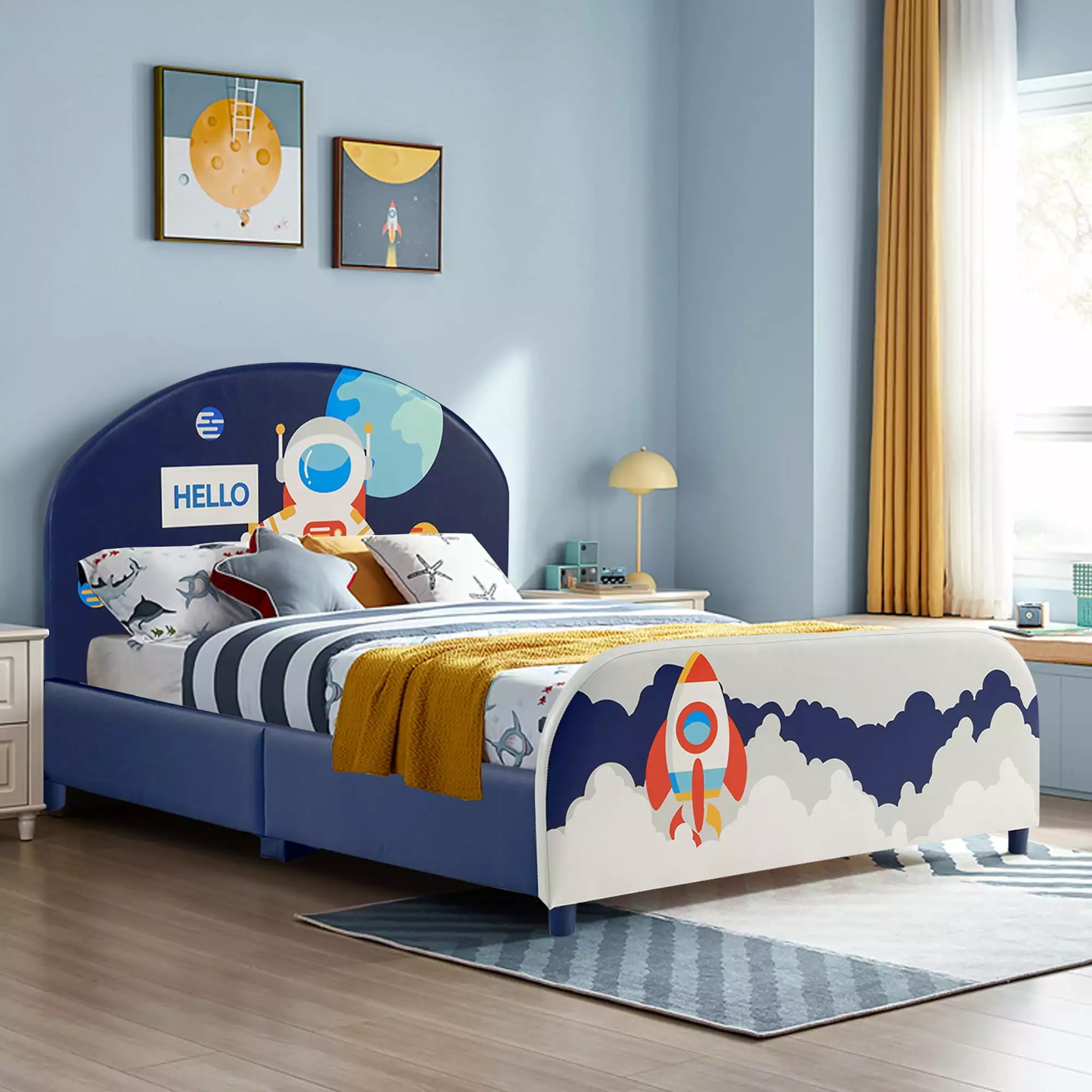 Costway Kids Upholstered Platform Bed Twin Size Astronaut Pattern