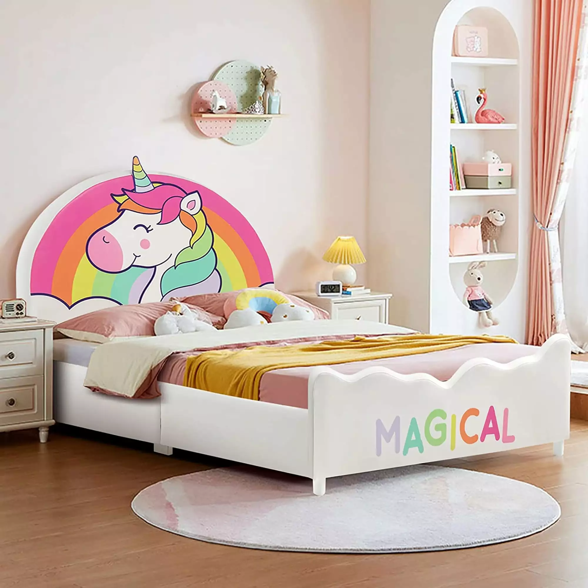 Costway Kids Upholstered Platform Bed Twin Size Wooden Bed Unicorn Pattern