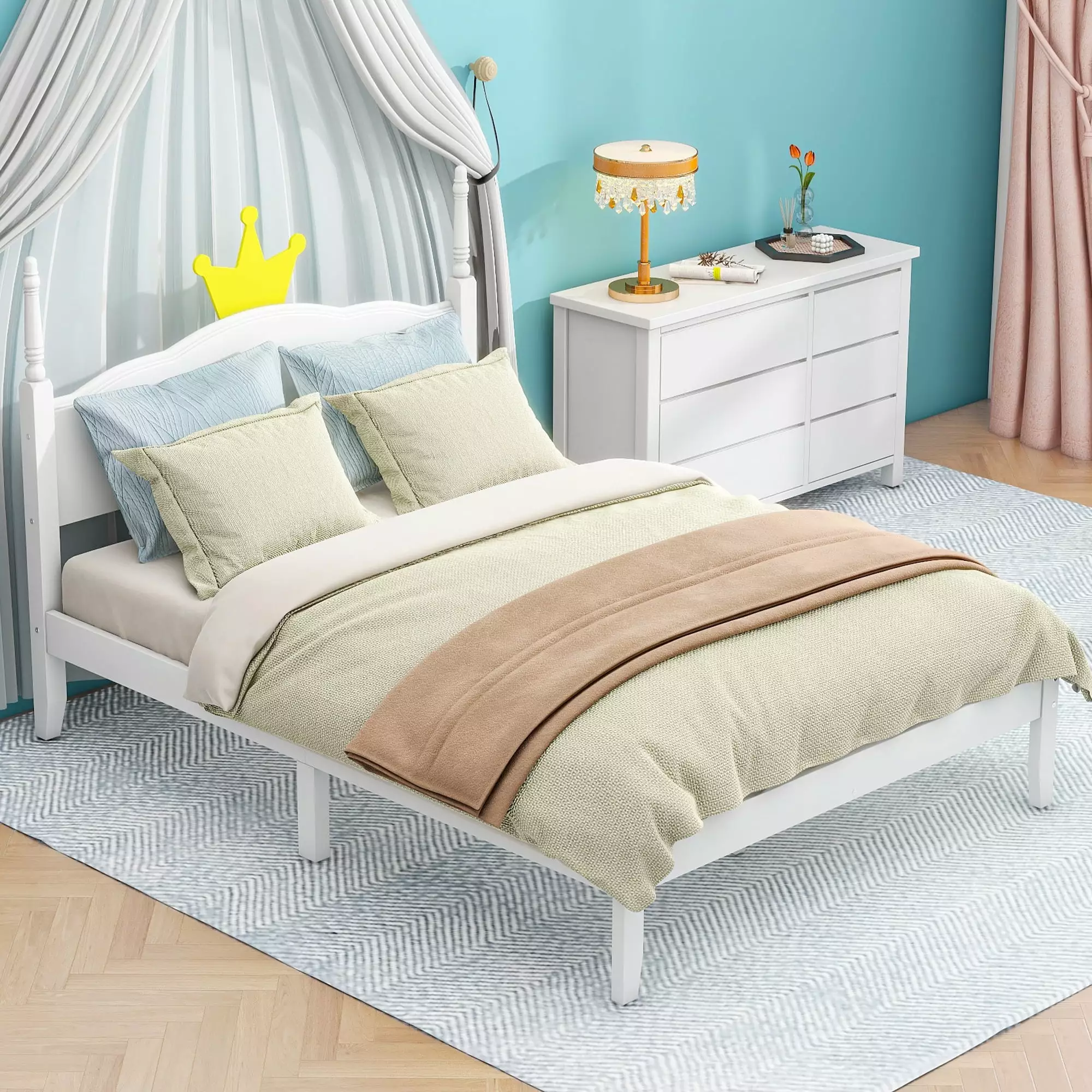 Euroco White Wood Full Size Platform Bed Crown Headboard Kids Teens Adults