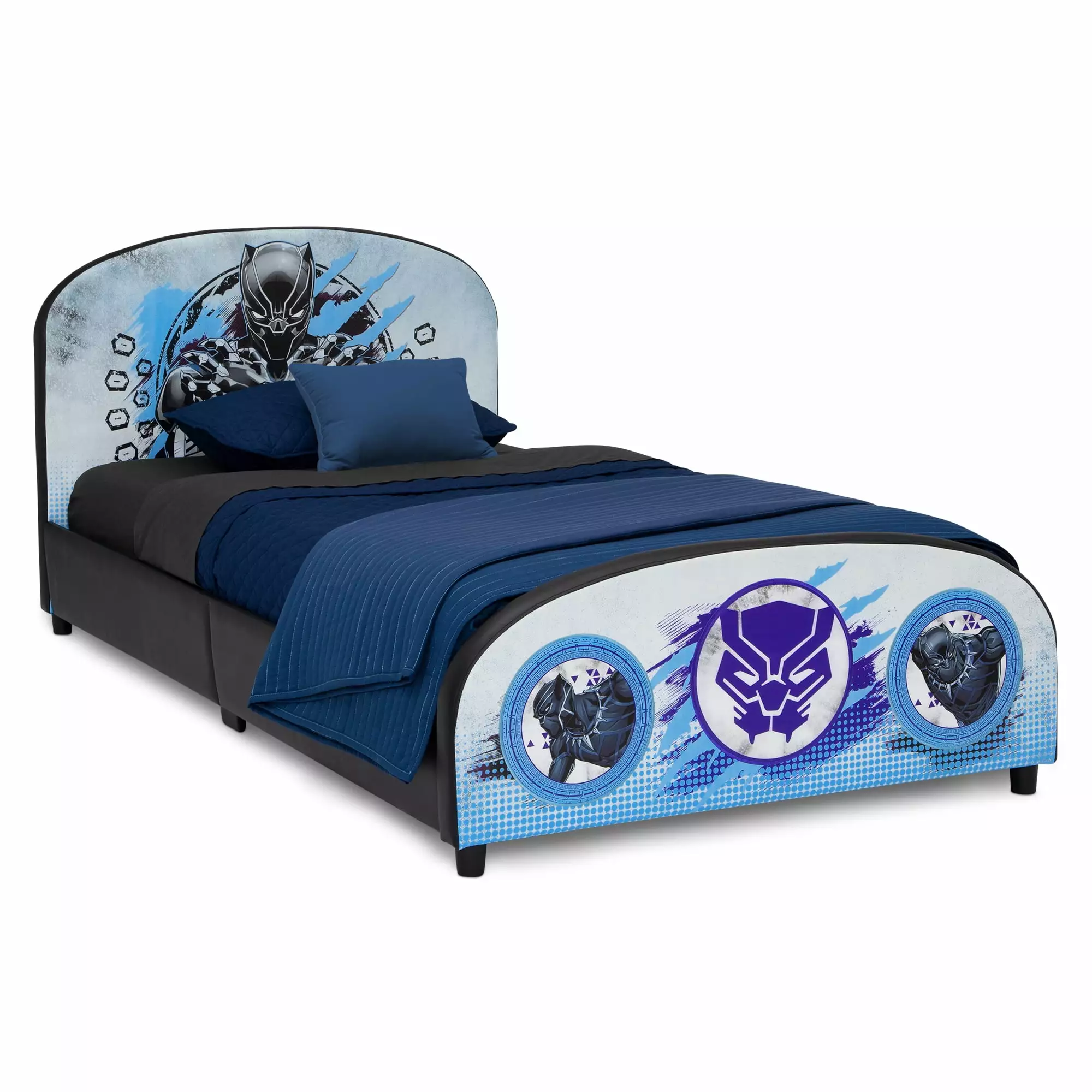 Marvel Black Panther Twin Bed Delta Children Upholstered Blue and Black Kids Bed