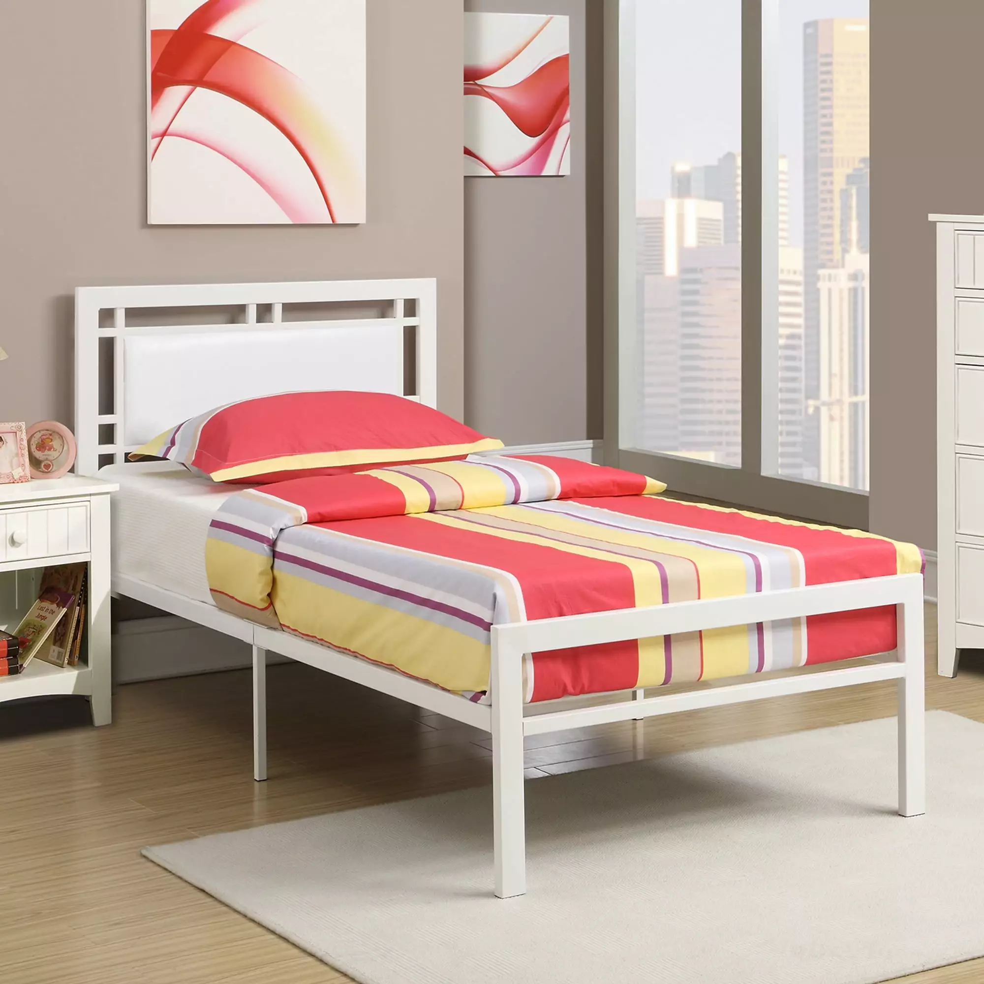 Poundex Youth Metal Frame Twin Bed Leather Upholstered Headboard White