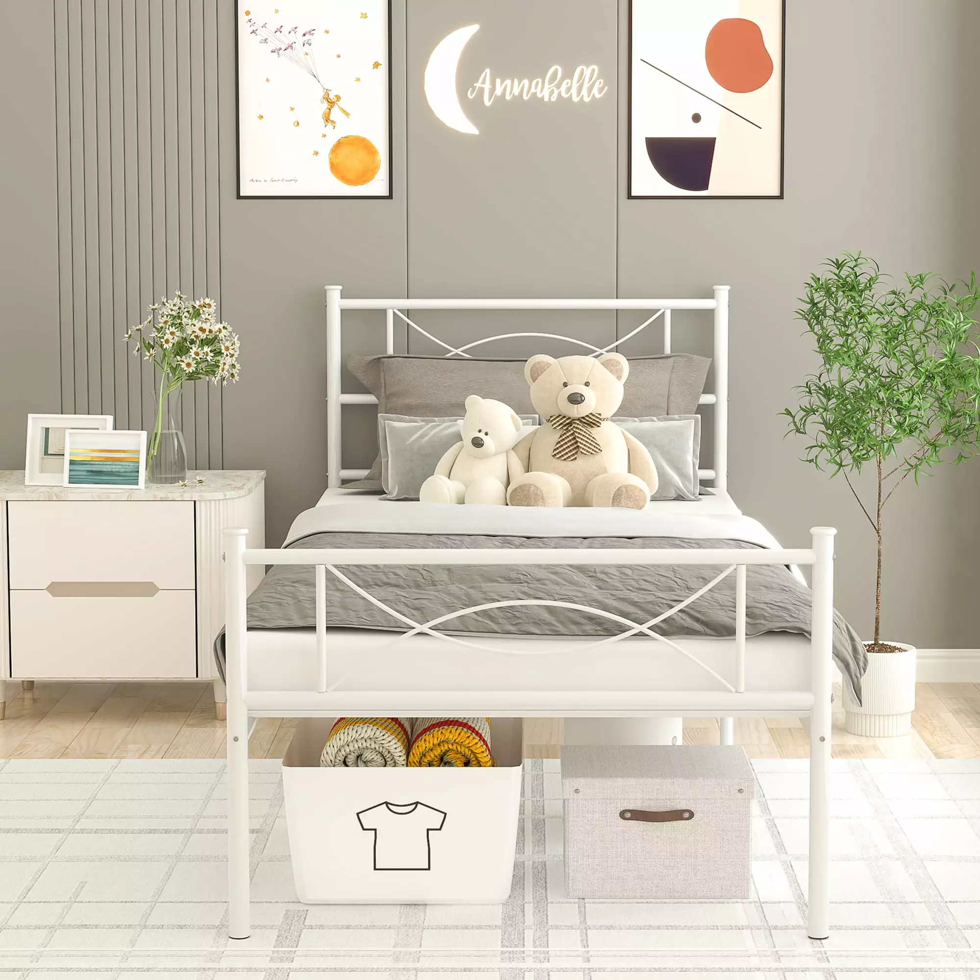 Yoneston Easy Set-Up Luxury Metal Bed Platform Box Spring Headboard Footboard