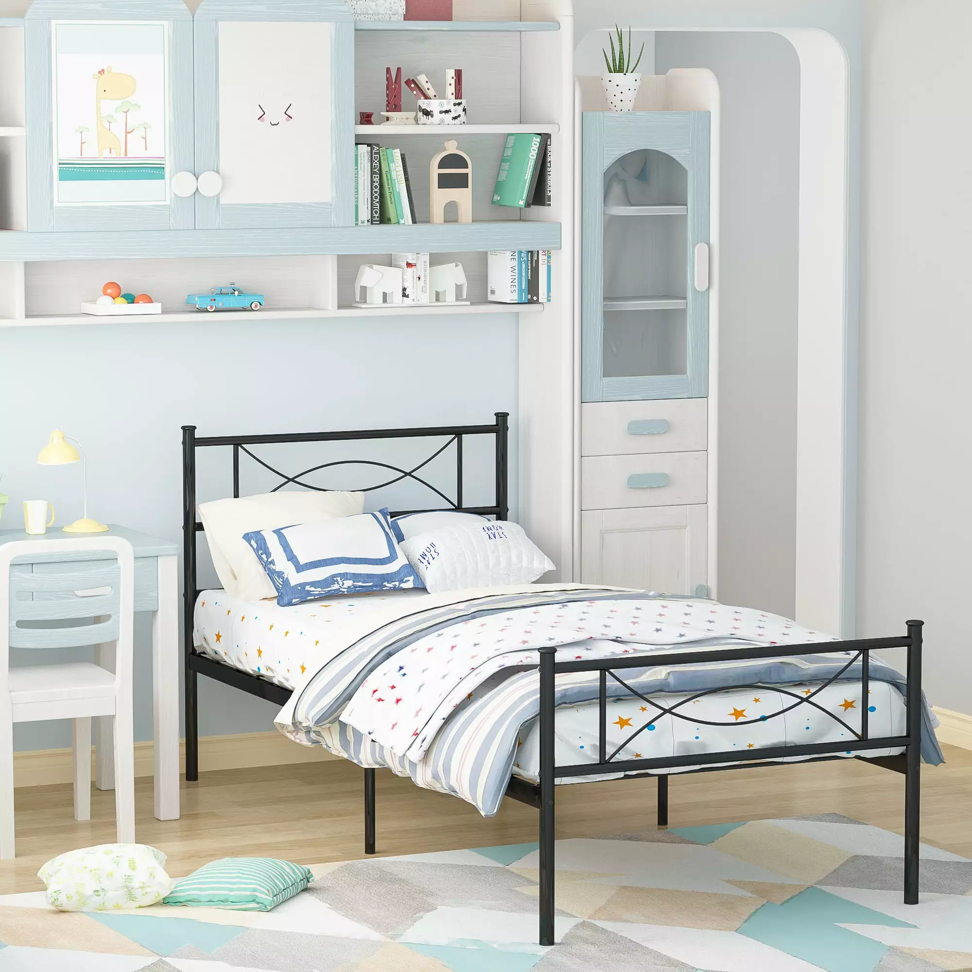 Yoneston Metal Bed Frame Platform Headboards Twin Kids Bedroom Bed Frame Black