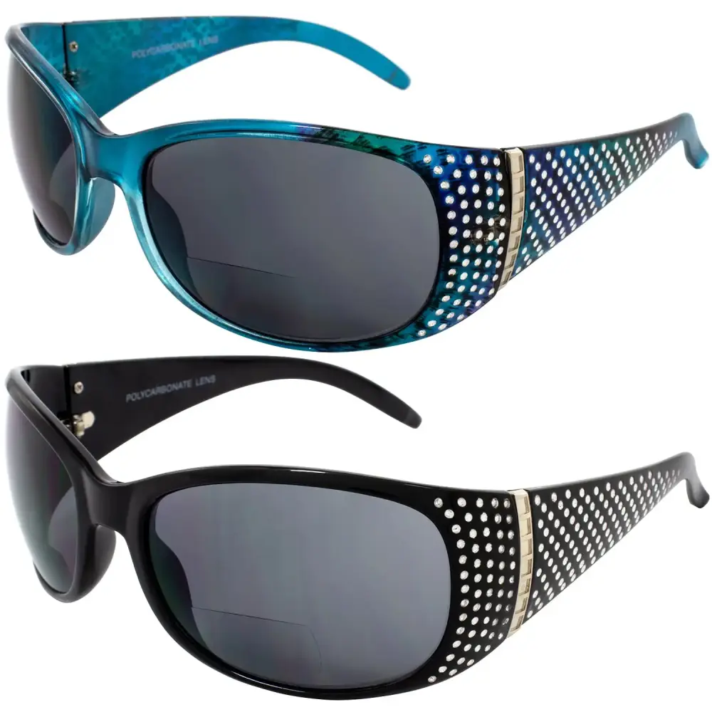 Set 2 Global Vision Galaxy Womens Bifocal Fashion Motorcycle Sunglasses Readers Chrome Rhinestones Black & Blue Frames 2.5...