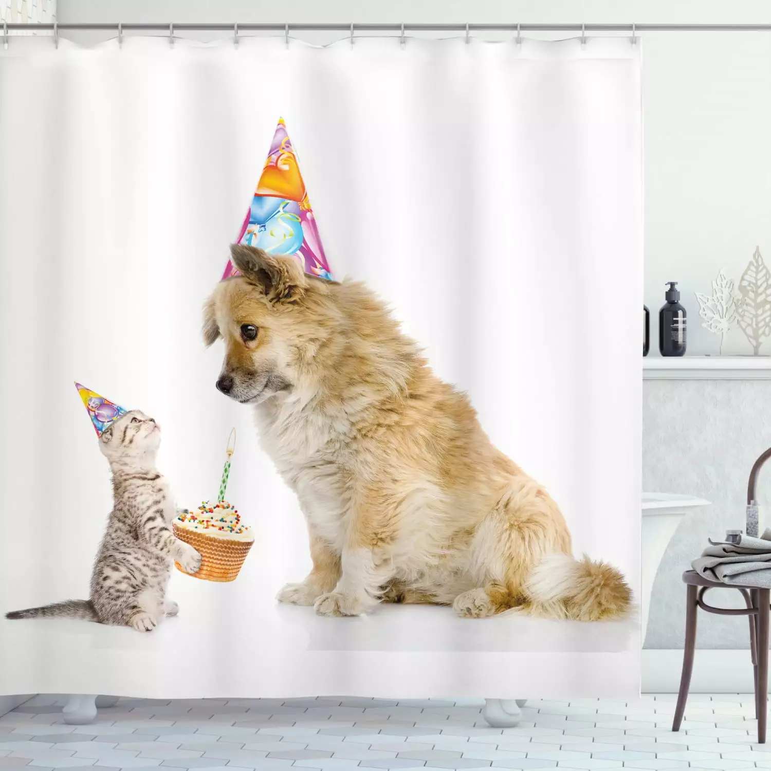 Ambesonne Birthday Shower Curtain Cat and Dog Birthday Design 69Wx70L Multicolor Bathroom Decor