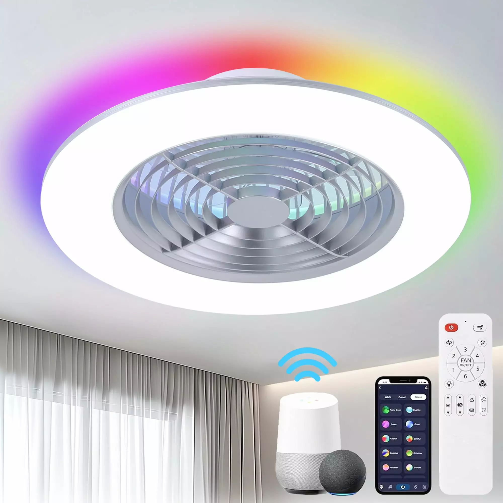 24 Inch Bladeless Ceiling Fan LED Lights and Remote Control 6 Speed Dimmable RGB Ambient Light Agtana