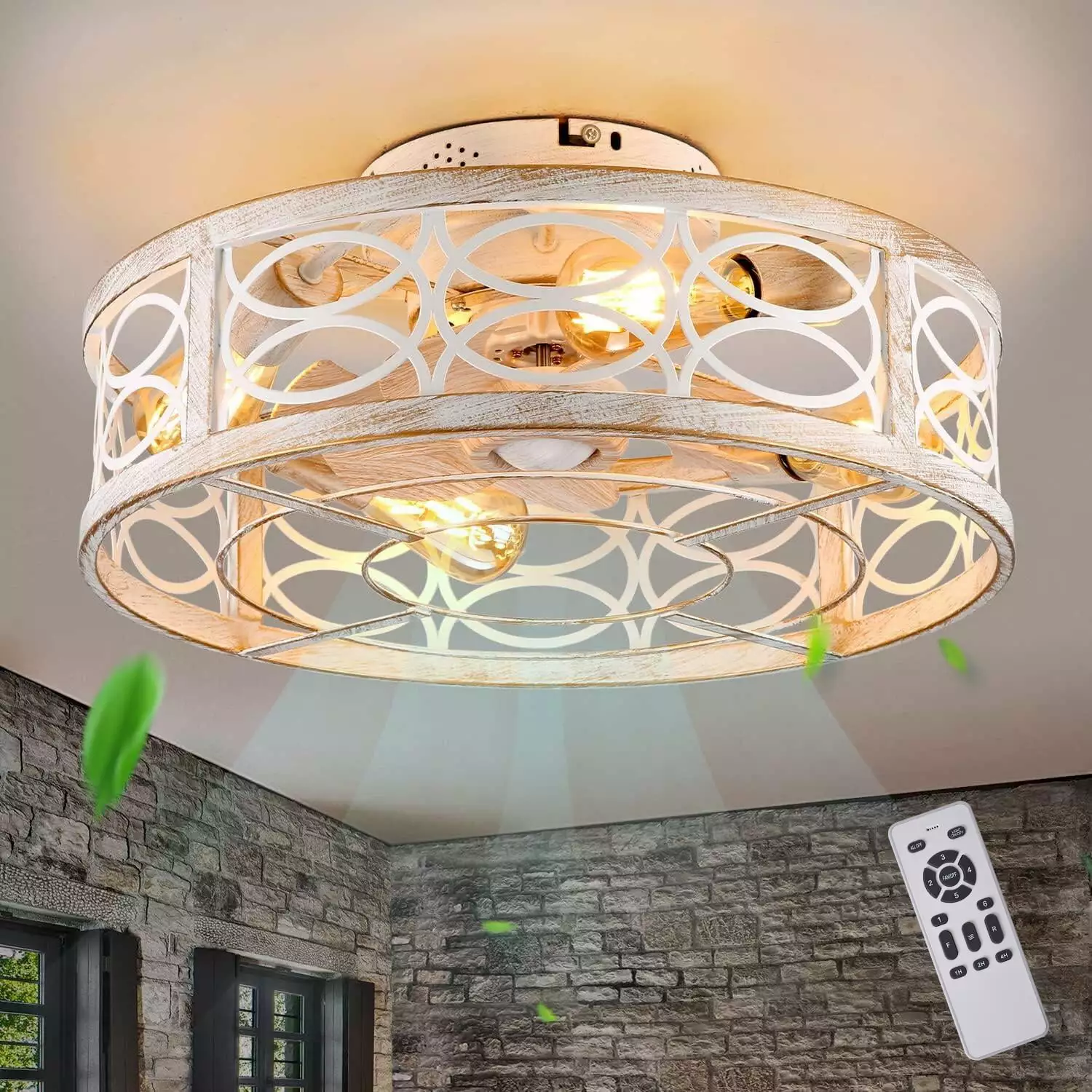 Garwarm Caged Ceiling Fans Lights White Flush Mount Ceiling Fan Remote Small Low Profile Bladeless