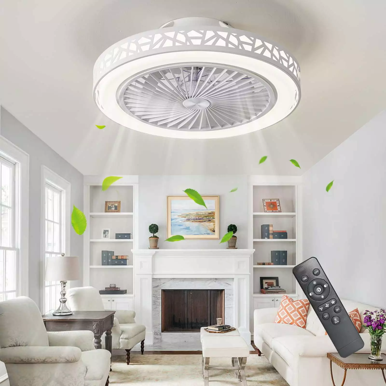 LATATA 19 Inch Bladeless Ceiling Fan Lights 36W Low Profile Flush Mount Remote Control Dimmable