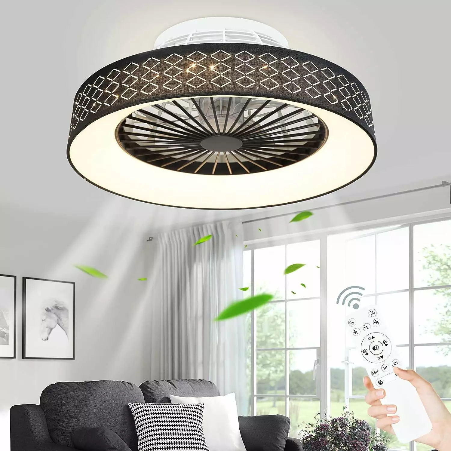 DingLiLighting Modern Black Bladeless Ceiling Fan Light and Remote Control