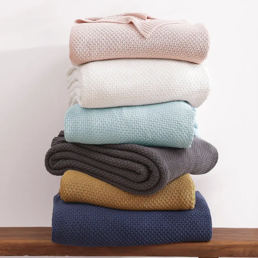 Wool Blend Cotton Knit Throw Blanket , Light Navy