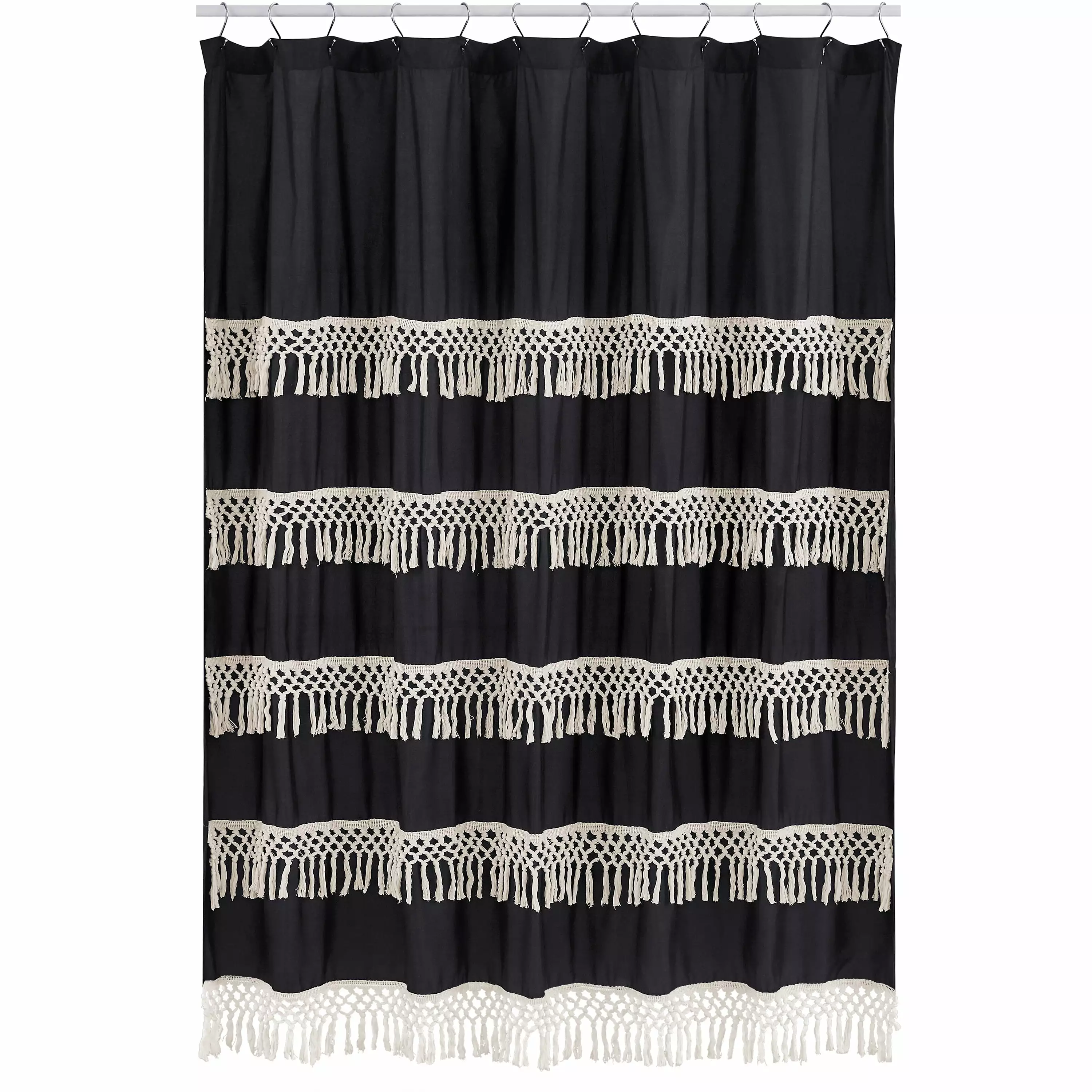 Boho Fringe Black Ivory Fabric Shower Curtain Sweet Jojo Designs
