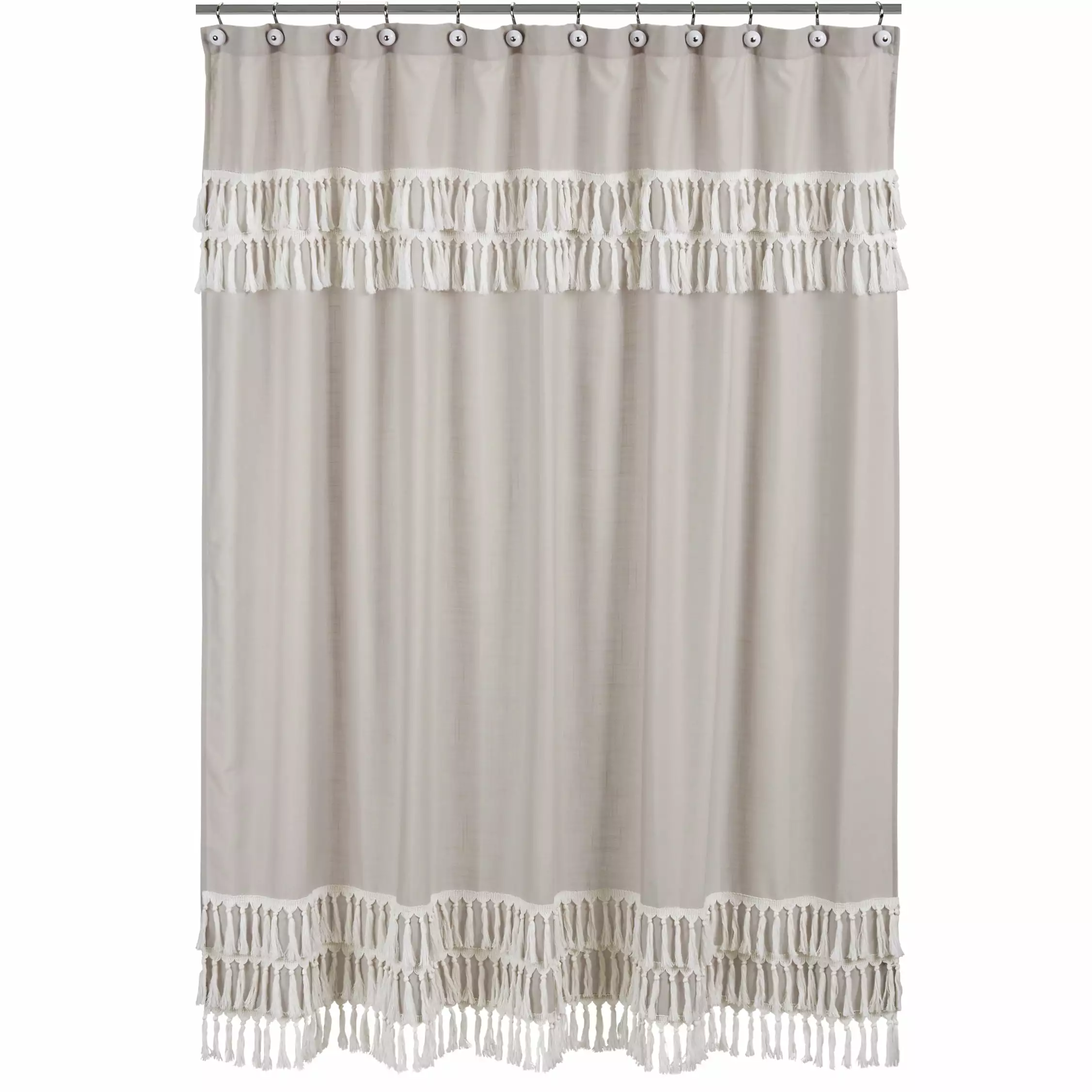Sweet Jojo Designs Boho Fringe Bathroom Fabric Shower Curtain - Gender Neutral Beige Tan Taupe Linen Tassel Macrame Bohemi...