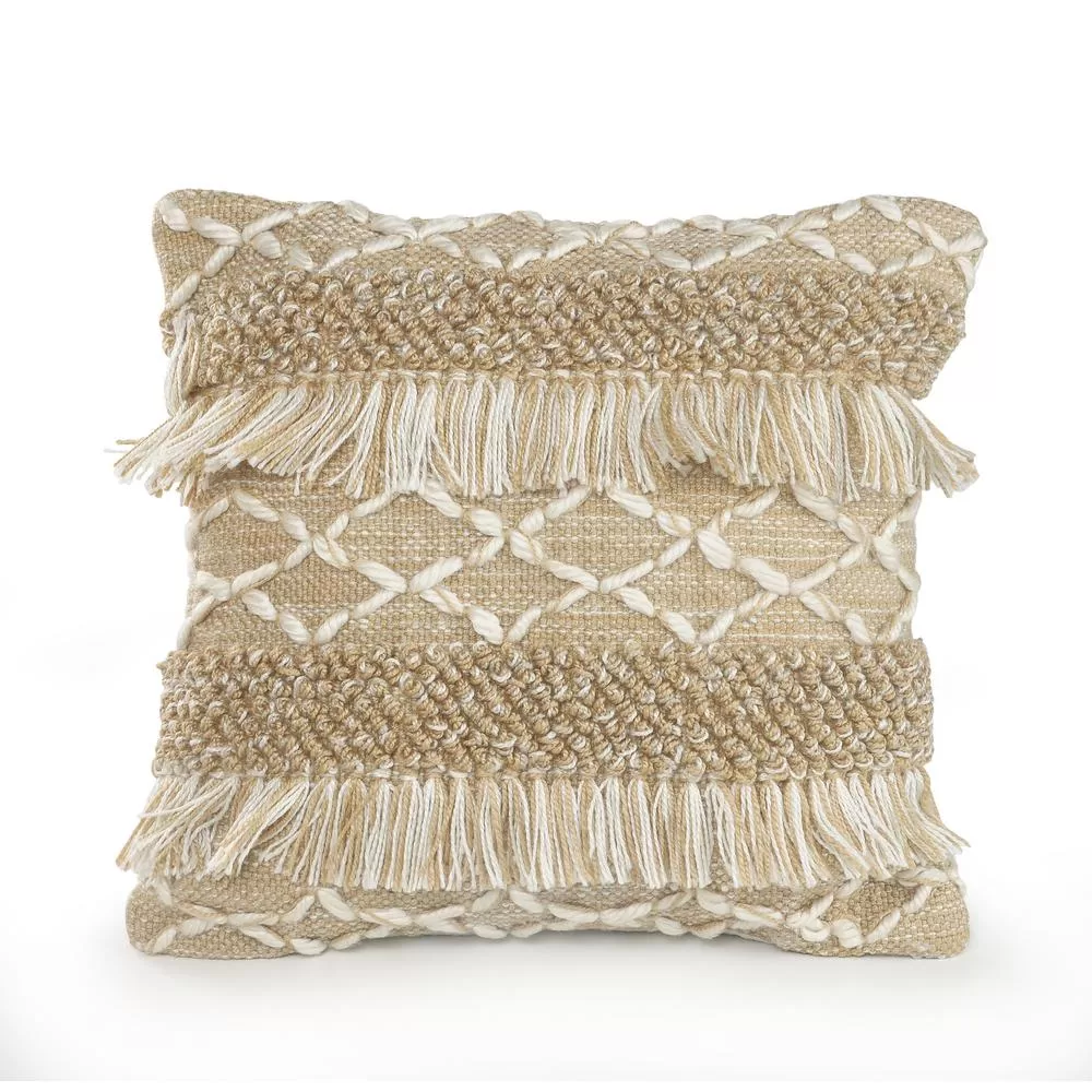 LR Home 20x20 Rustic Beige White Neutral Fringe Geometric Throw Pillow