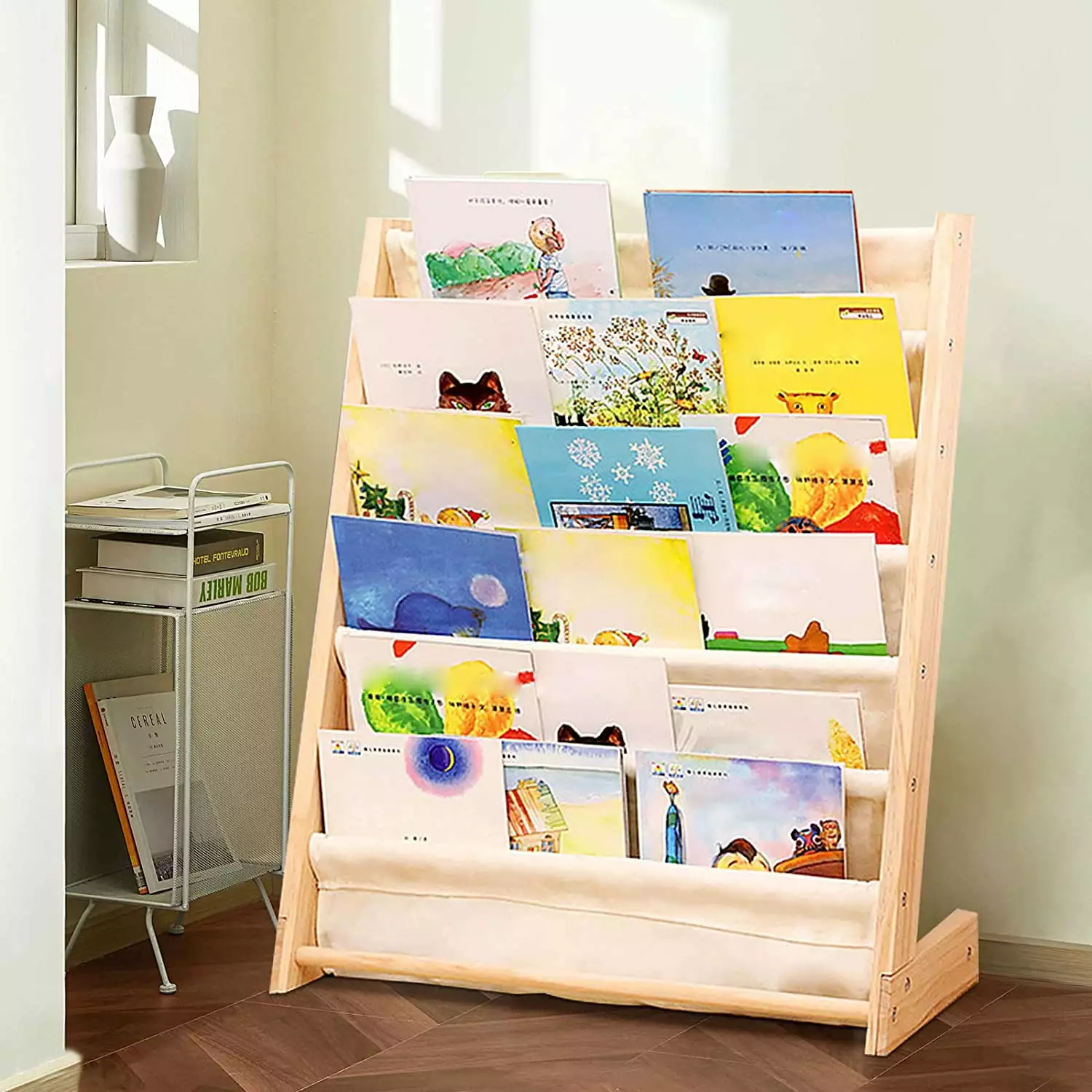 Kids Bookshelf 6-Layer Kids Sling Book Rack Shelf Arranger 29.5x11.8x31.1in Natural Beige Flkoendmall