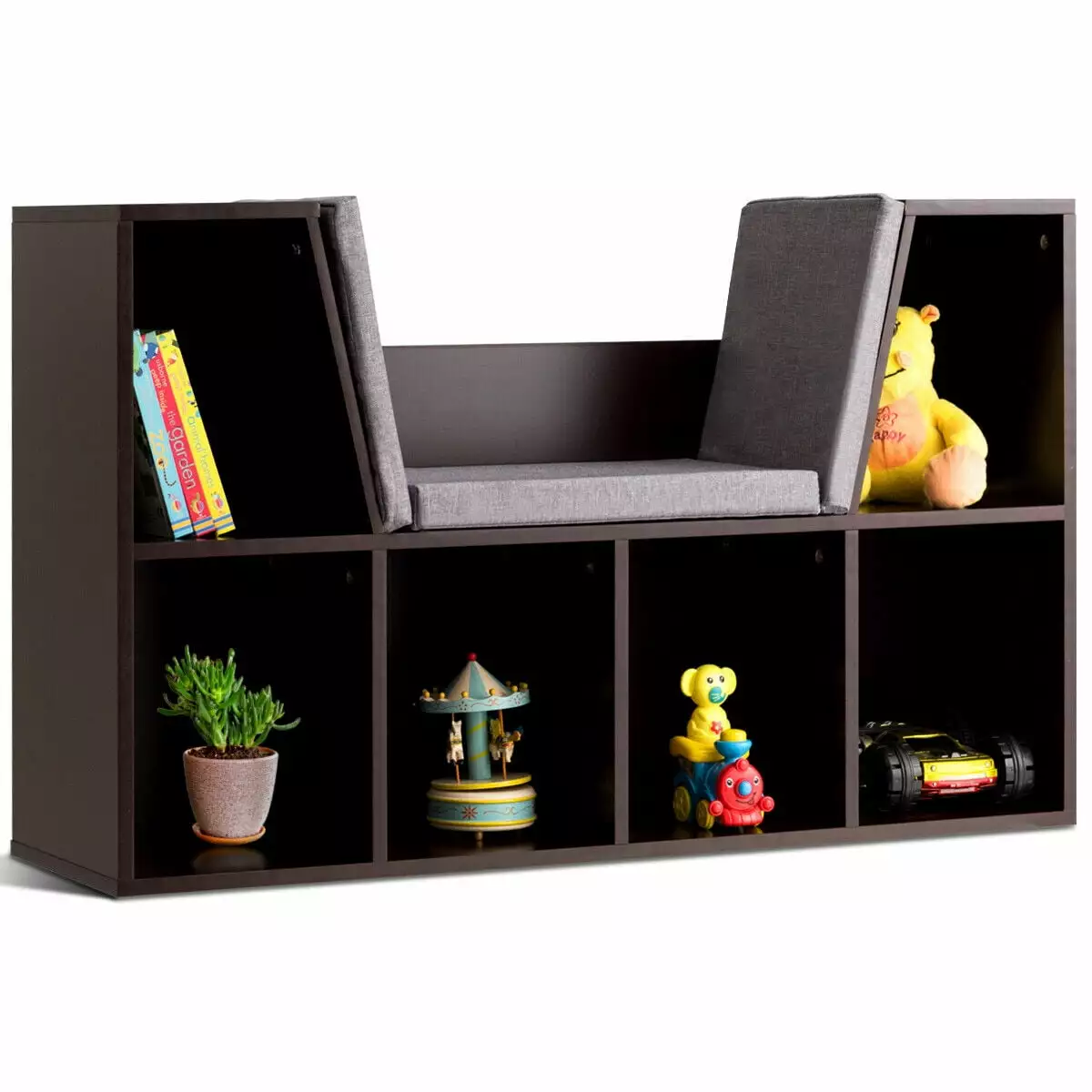 Costway 6 Cubby Storage Cabinet Cushioned Bookcase Multi-Purpose Reading Shelf Brown