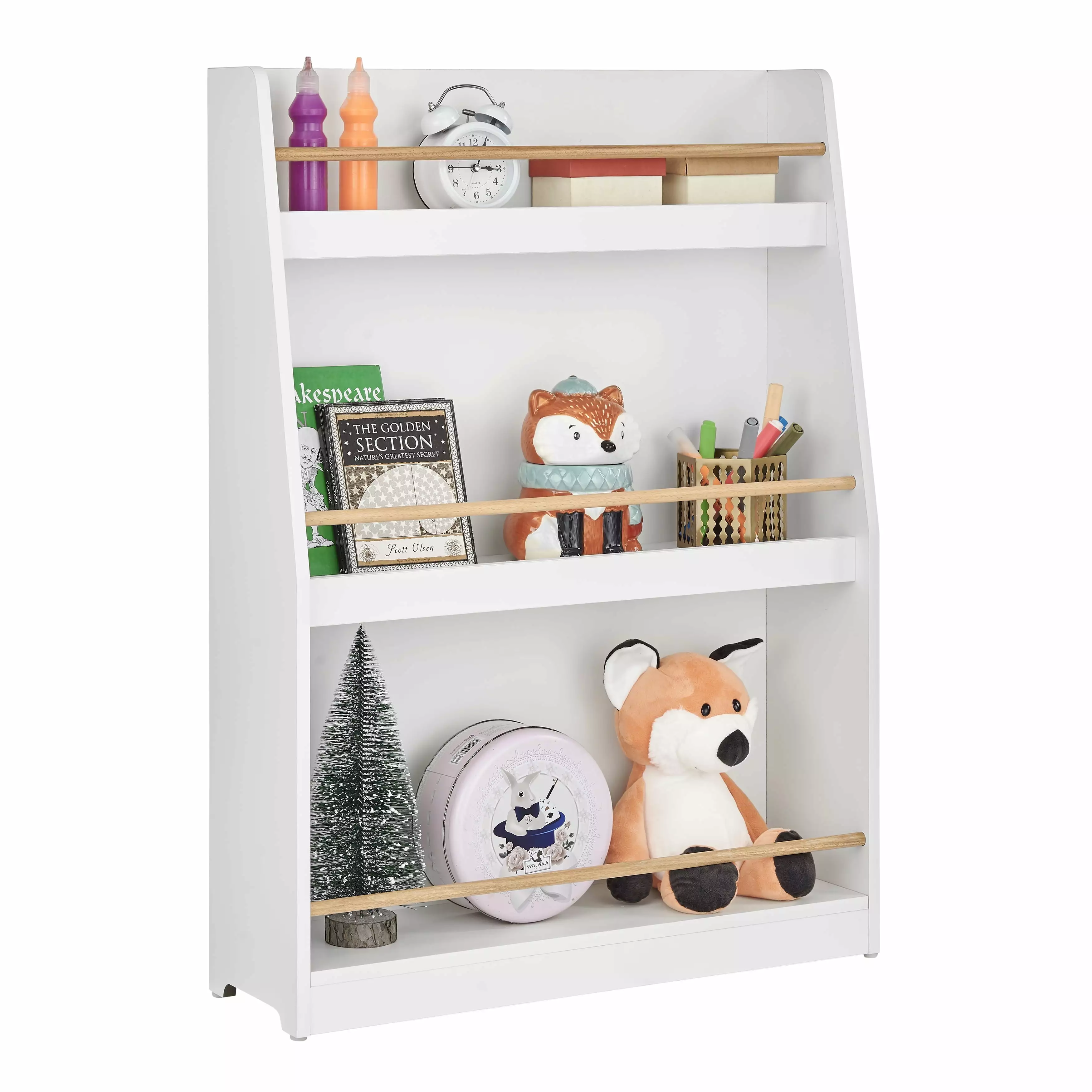 Danya B. Steiner White 3-Tier Kids Book or Magazine Storage Freestanding Bookcase Wood-Toned Rods