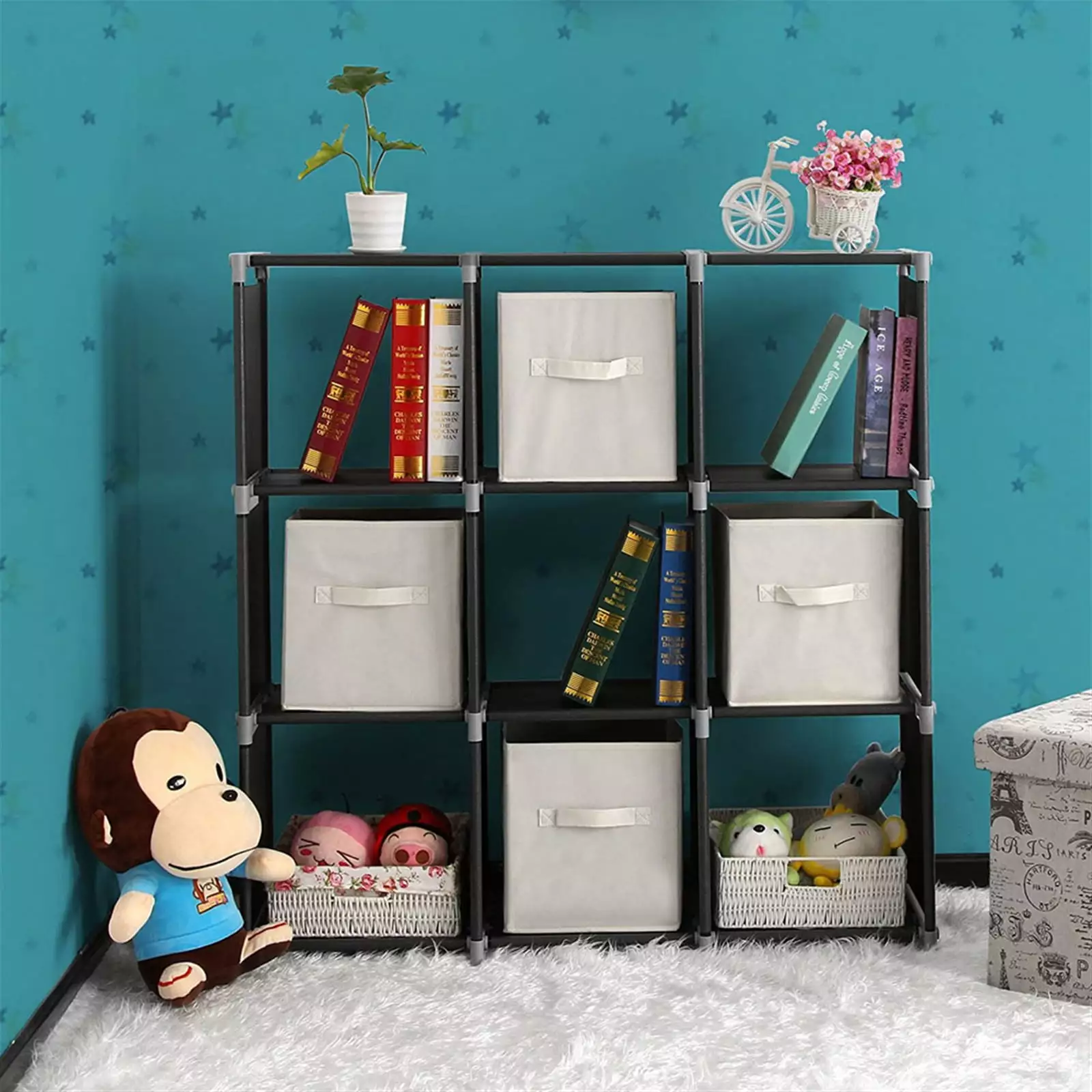 9 Cube Storage Organizer 3 Shelves Bookcase Multifunctional Assembled Shelf Black DFITO