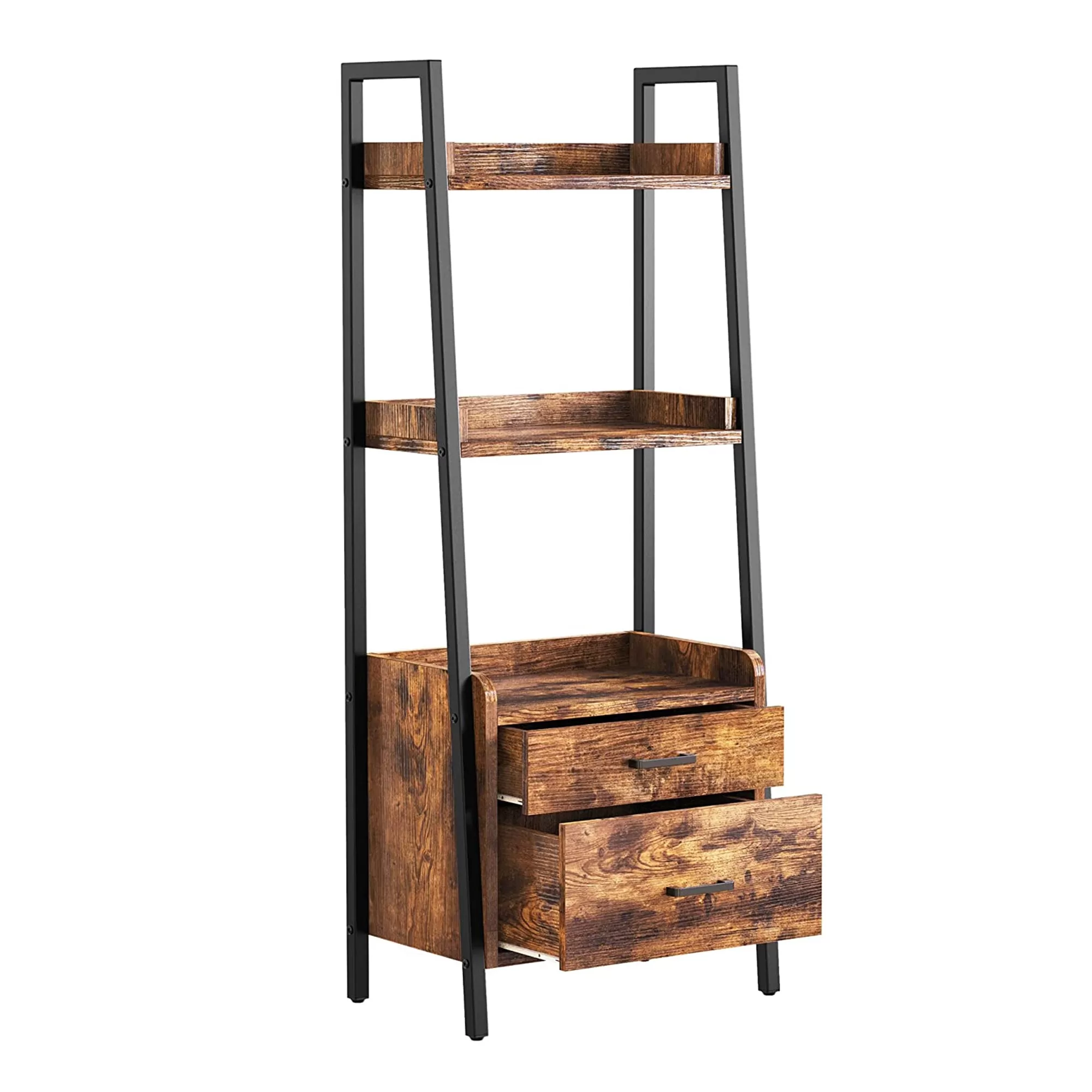 Fabato 3 Tier Display Bookcase Ladder Shelves and Metal Frame Rustic Brown Home Decor