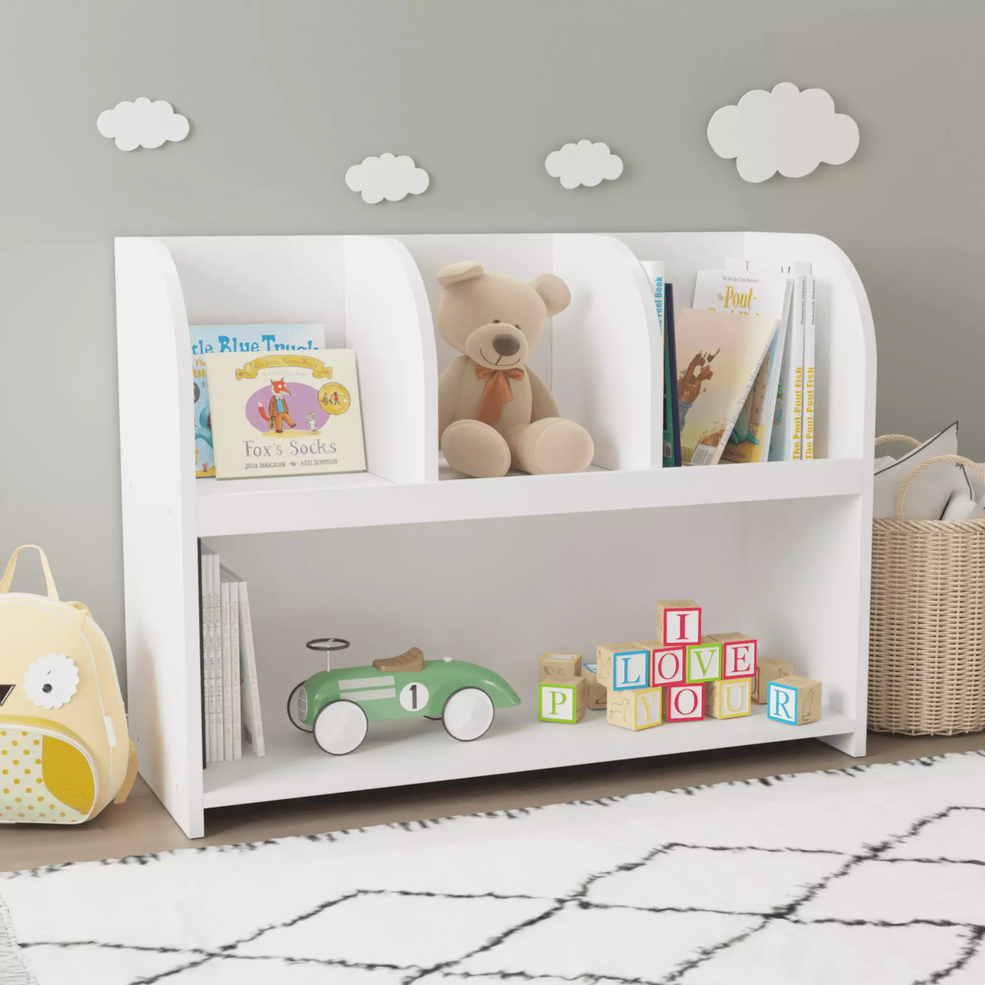 Kids Bookcase 4 Compartments - Sturdy and Safe Children's Bookshelf Nursery Playroom Bedroom Go Green Woods