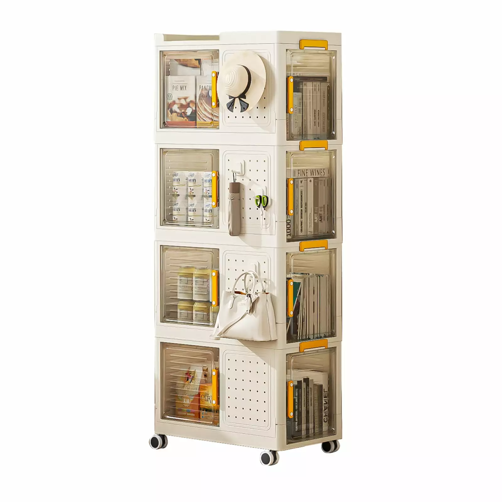 4-Tier Rolling Storage Bookcase Pegboards 8 Hooks Mobile Storage Rack Home Office HeroicLion