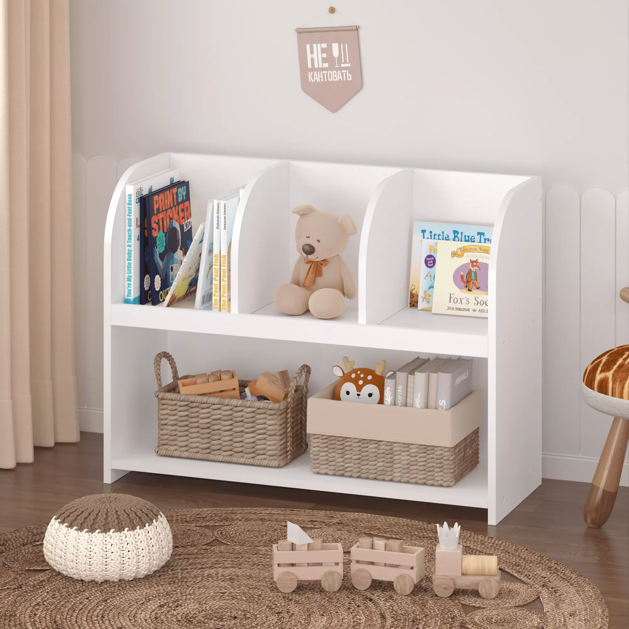 Kids Bookshelf 2-Tier Wooden Open Bookshelf and Toy Organizer Free Standing Playroom Bedroom Nursery Classroom White HOMIQ...