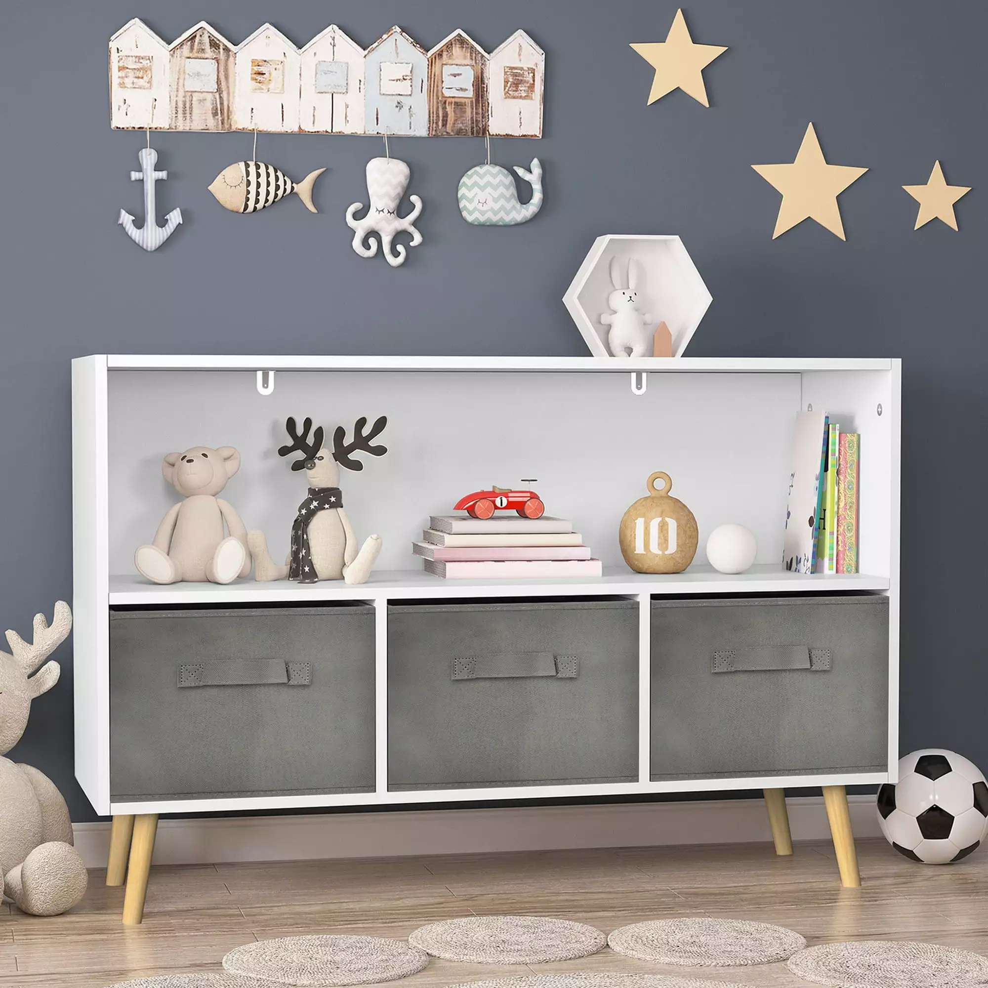 IbayNawi Kids Bookcase Collapsible Fabric Drawers Toy Storage Cabinet Organizer White and Gray
