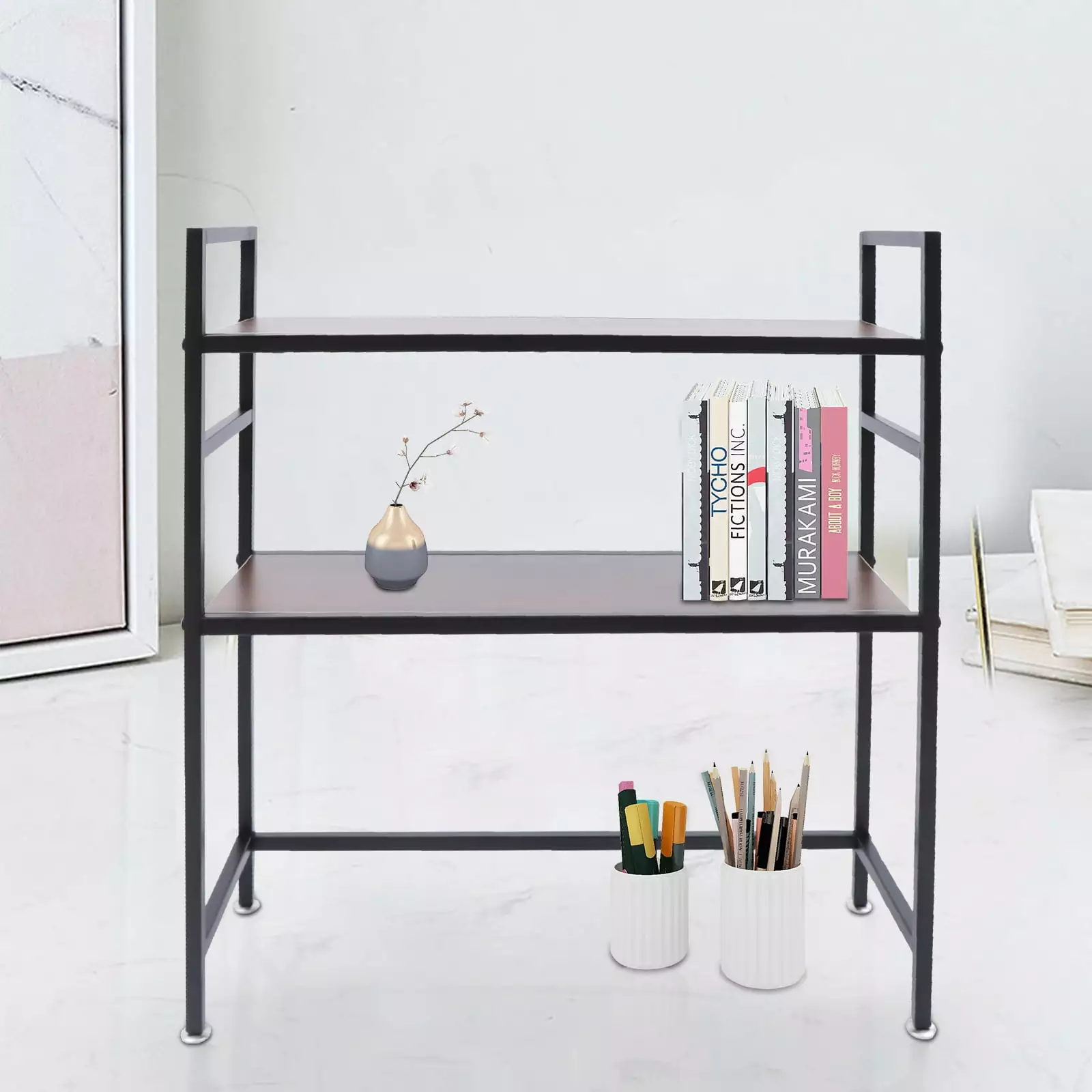 2-Tier Desktop Bookcase Multipurpose Wood Shelves Countertop Hutch Office Organizer LOYALHEARTDY