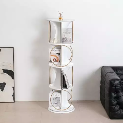 Rotating Bookshelf 4 Tier Floor Standing Arranger Modern Style 360 Rotation Stable Solid Living Room Bedroom White Malulu