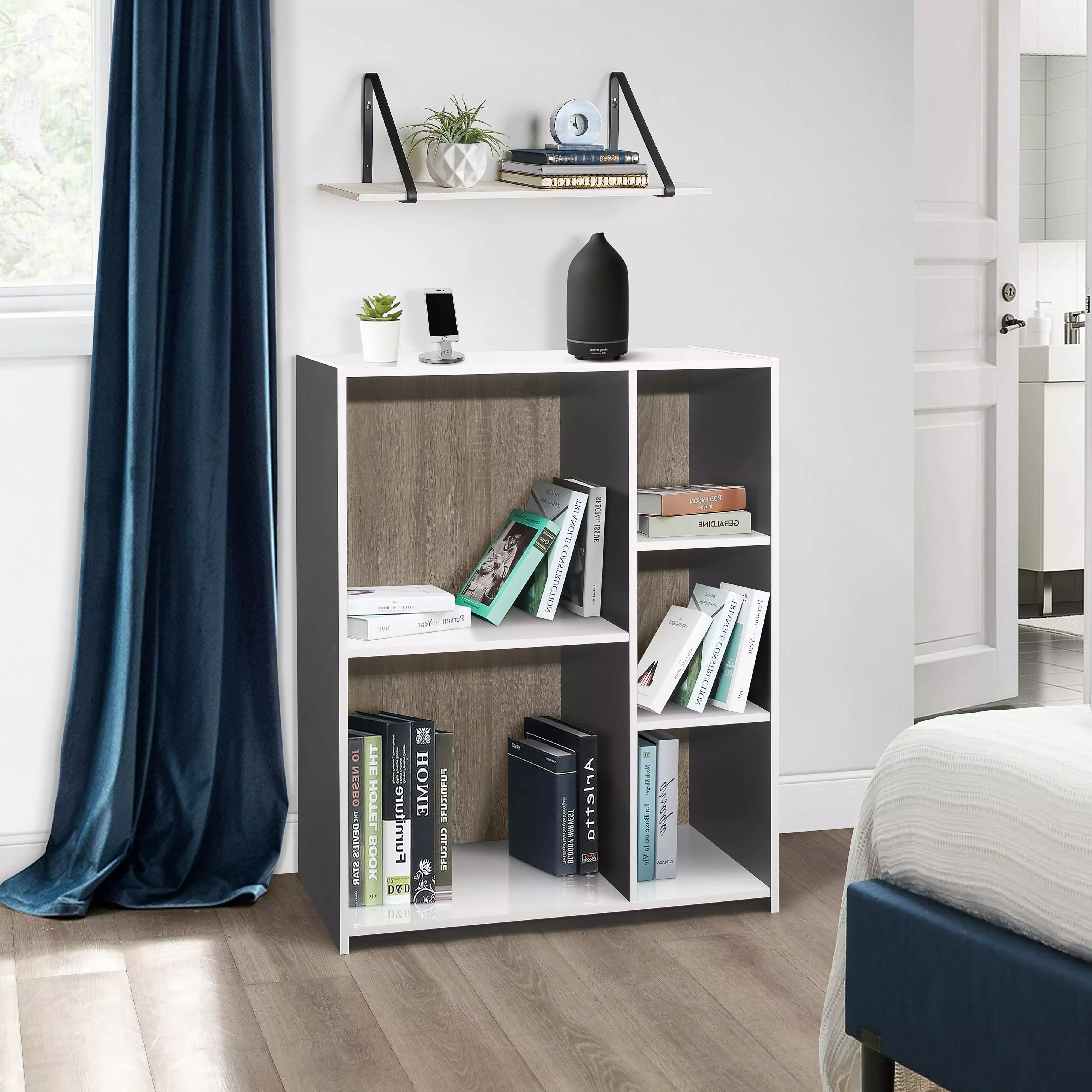 Sorkin Five Open Cube Wooden Bookcase Organizer Gray White and Oak Pilaster Designs