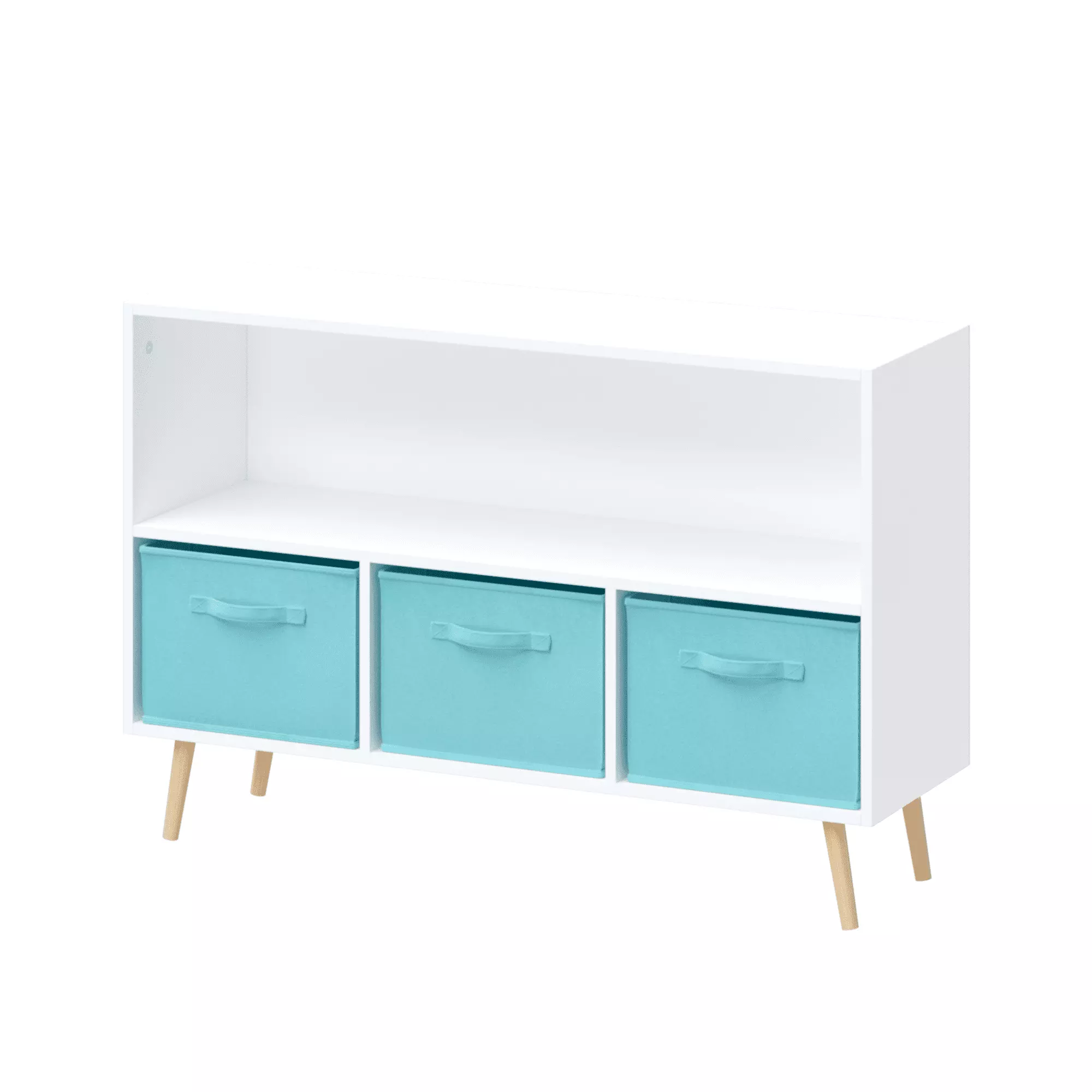 Children's White Bookcase Collapsible Fabric Drawers - Kids Cubby Toy Storage Cabinet Bedroom Living Room White and Blue p...