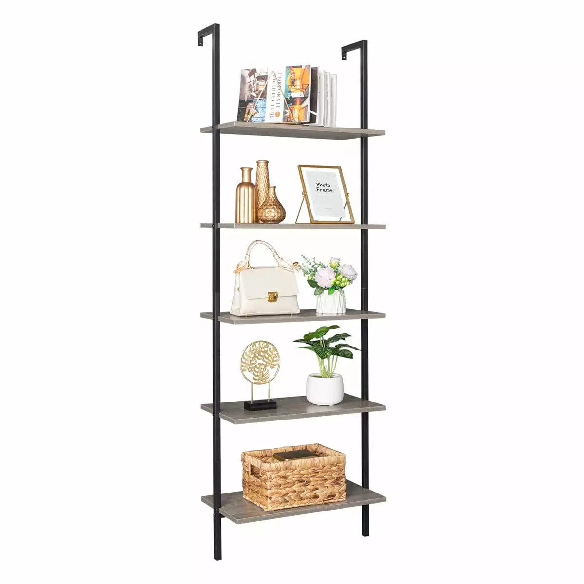 5 Shelf Wall Mount Bookcase Ladder Shelves Wood Board Industrial Metal Frame Qiyuhome