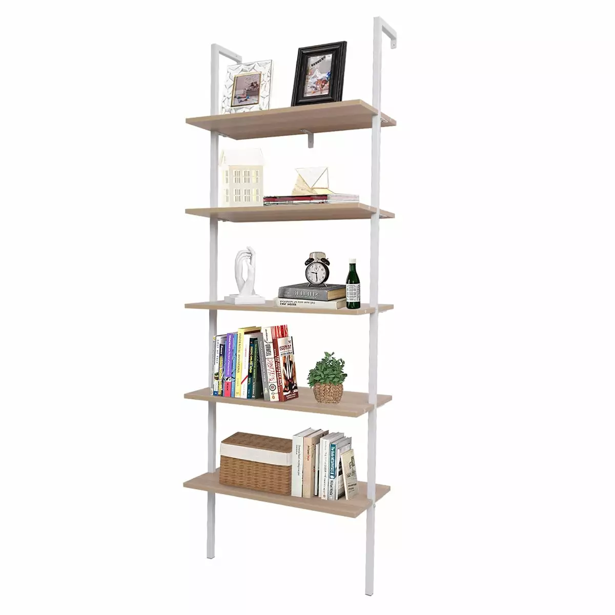 5 Tier Wall Mounted Ladder Shelf Bookcase Metal Frame Open Design Qiyuhome