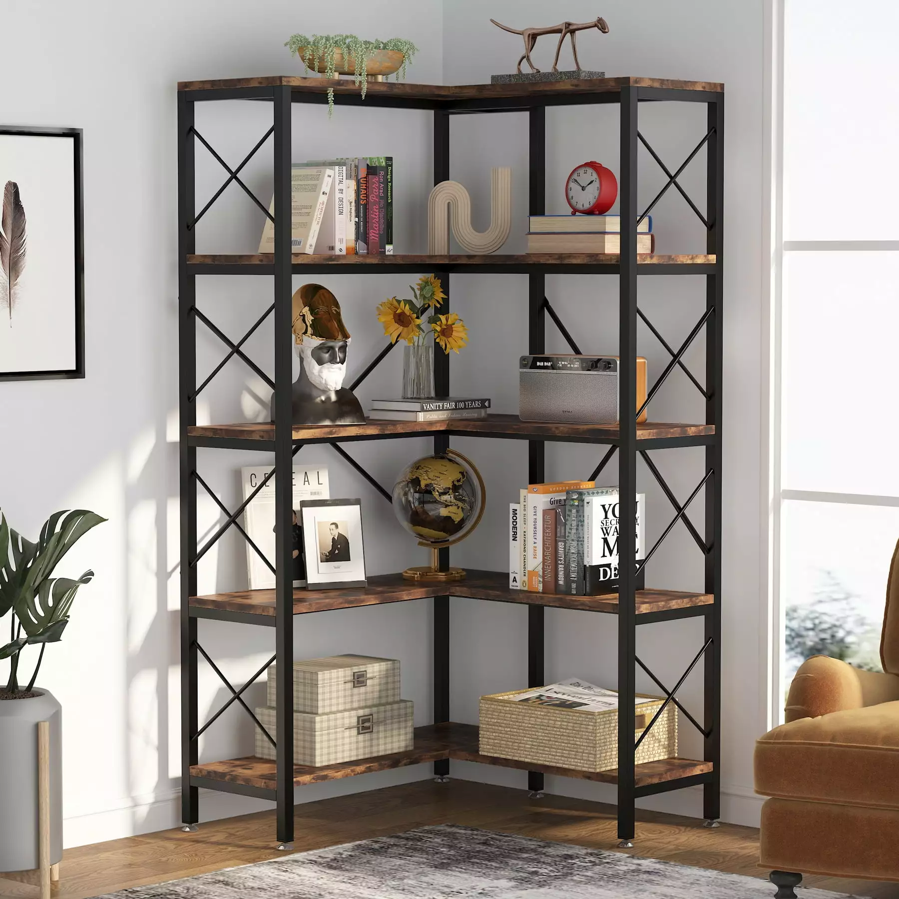 Tribesigns 5-Tier Bookshelf Modern Corner Bookcase Tall Display Shelf Living Room Office