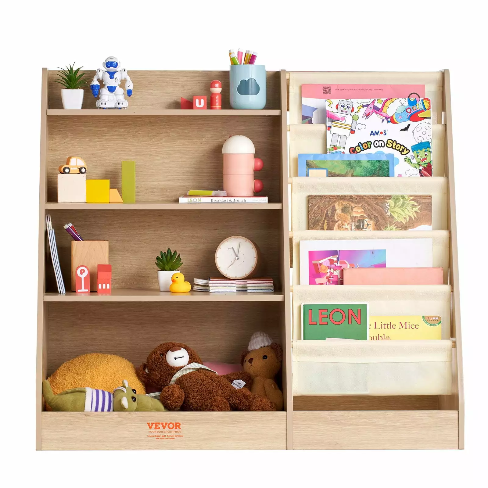 VEVOR Kids Wooden Bookshelf 4-Tier Sling Bookcase Nursery Playroom