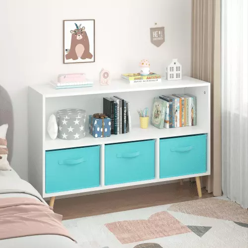 Wohh Kids Bookcase Collapsible Fabric Drawers - Children's Book Display and Toy Storage Cabinet White and Blue