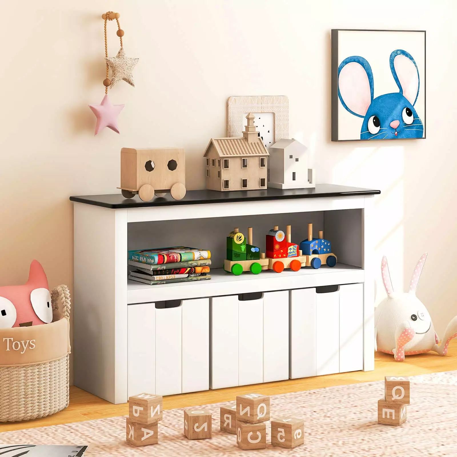 Coelon Kids Toy Storage Arranger, Wooden Children Bookshelf Blackboard Top White