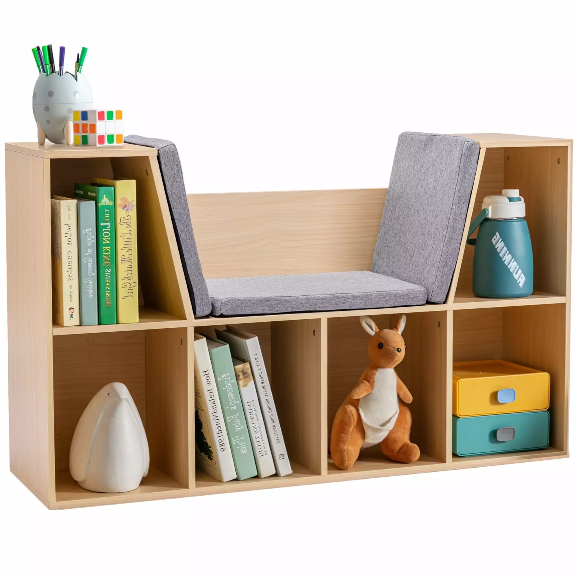 Huracan 6-Cubby Kids Bookcase Reading Nook and Cushion, Multi-Purpose Storage Arranger Bedroom Living Room Natural