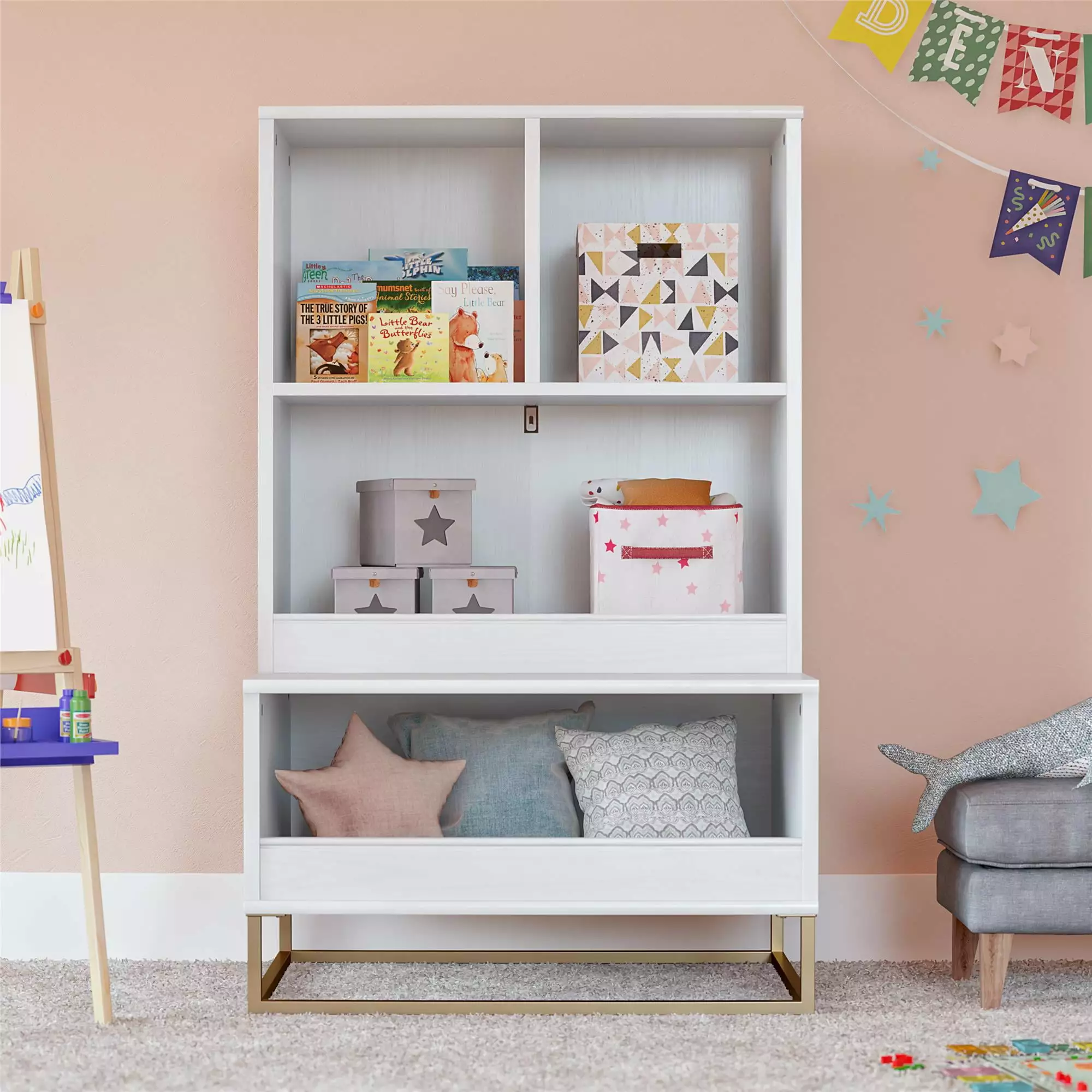 Little Seeds Charlie Kids Multi-Use Toy Storage Arranger & Bookcase White Golden Bronze